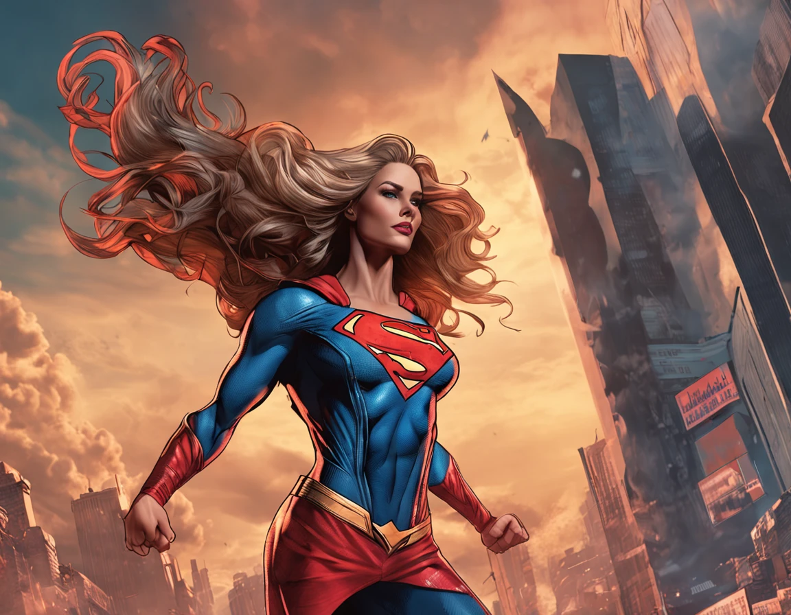 A statuesque Supergirl stands tall, her ripped clothing exposing her body, breast, shoulders, legs, and revealing her toned physique and ample curves.