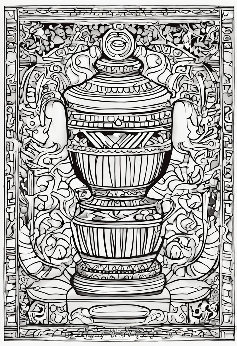 Generate an image of a colored Mayan vessel in an art style suitable for a coloring book. Make sure the picture is clear and easy for children to color.. The image should be large and detailed enough to take up half a page of a standard coloring book.. el dibujo que tenga marco