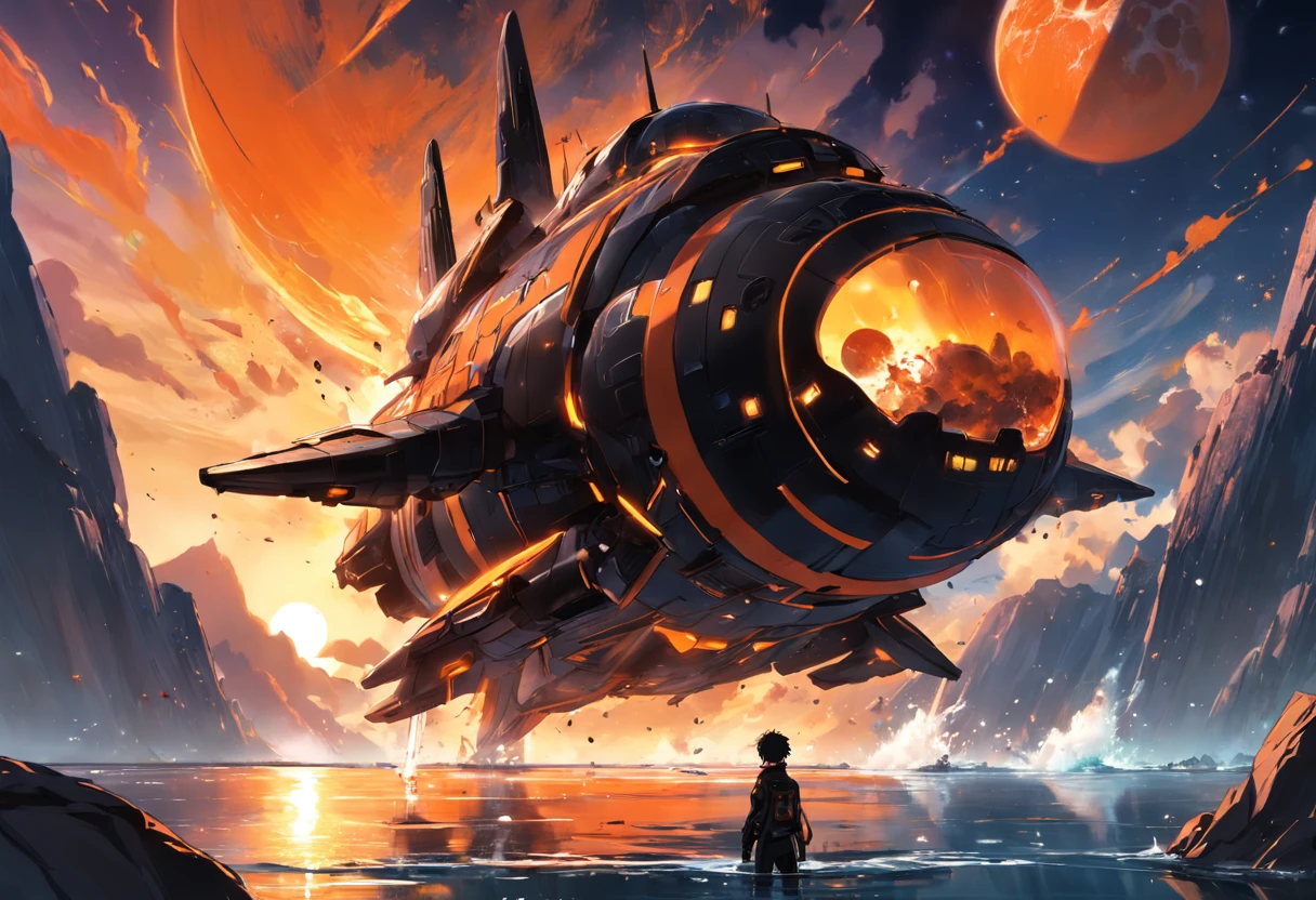 a crashing smoking orange black spaceship on another planet in the water near a bar tavern in a sunset