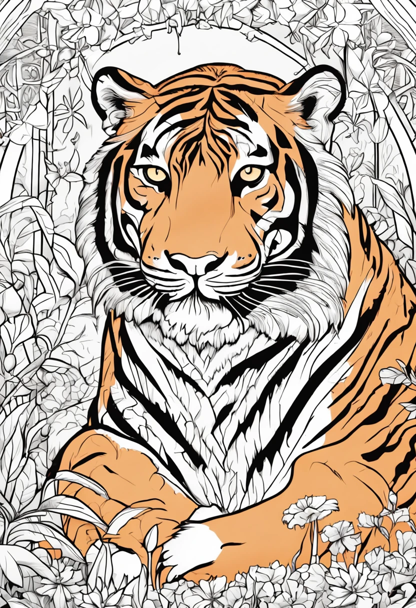Generate an image of a Tiger in an art style suitable for a coloring book. Make sure the image is clear and easy to color for kids. . Add simple but interesting details that help children identify the animal and enjoy the coloring process. The image should be large and detailed enough to take up an entire page of a standard coloring book. el dibujo que tenga marco