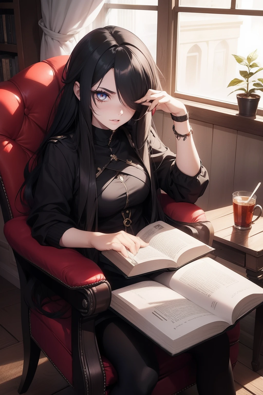 1 female, frightful, Scary, Long hair shades one eye. , age is 18 years old, Sit in a chair, book,