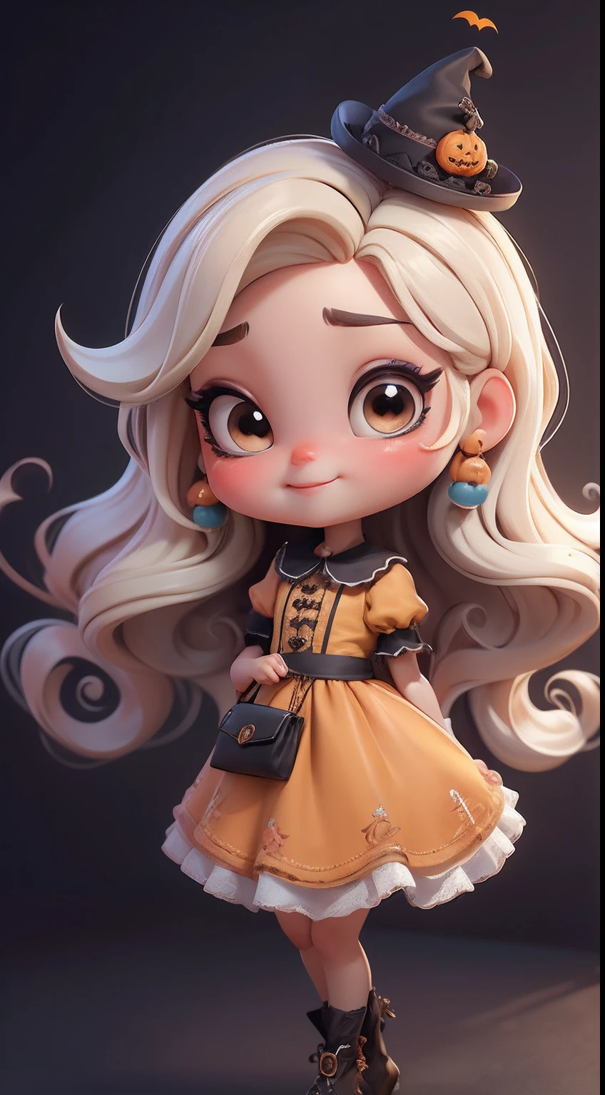 Create a series of cute dolls style chibi baby ??? skin dread with a cute halloween theme, each with lots of detail and in an 8K resolution. All dolls should follow the same solid background pattern and be complete in the image, mostrando o (corpo inteiro, incluindo as pernas: 1.5)
Boneca Mini halloween: Chame-a de Marina. Ela deve ter cabelos longos e encaracolados, em preto, dourado e laranja pastel. Seus olhos devem ser grandes e expressivos, with long eyelashes and rosy cheeks. Sorriso delicado e branco. Marina deve estar vestida de vestido preto e dourado, an ornate hat. She should bring halloween accessories. Certifique-se de adicionar detalhes nas roupas, such as buttons and pockets, sapato bonito
Certifique-se de adicionar sombras, texturas e detalhes nos cabelos, roupas, Halloween utensils, to make them even more adorable and charming.