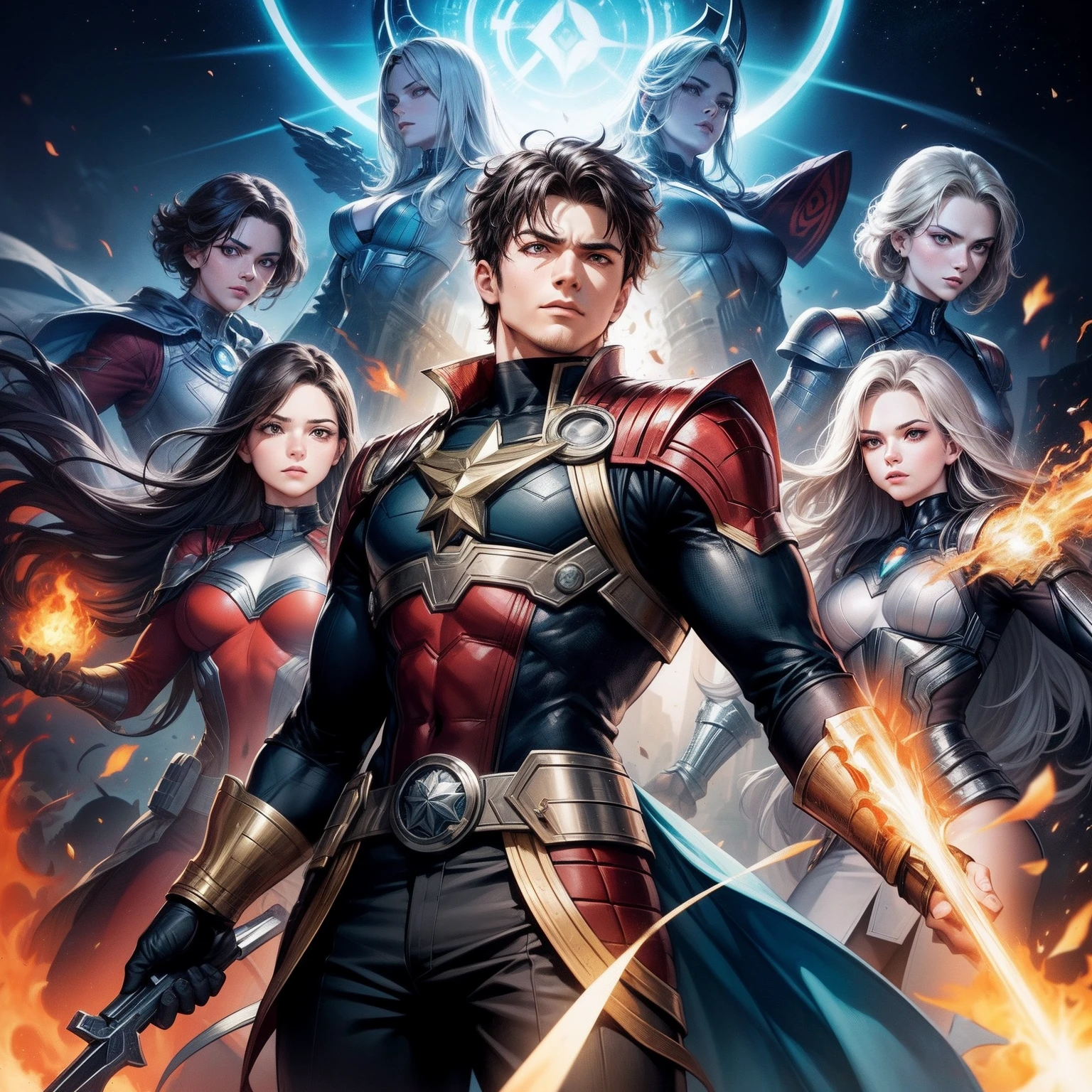 A confident and charismatic young man of 23 years surrounded by a group of powerful and diverse women, reminiscent of iconic Avengers posters. O jovem fica no centro, Exuding a sense of leadership and strength, while women surround him with determined expressions and unique abilities. Each woman represents a different archetype, de um cientista brilhante a um guerreiro habilidoso, and they all have their own distinct costumes and personalities. The composition should convey unity and teamwork, as they come together to meet a common challenge. The art style should capture the essence of a heroic and dynamic ensemble.