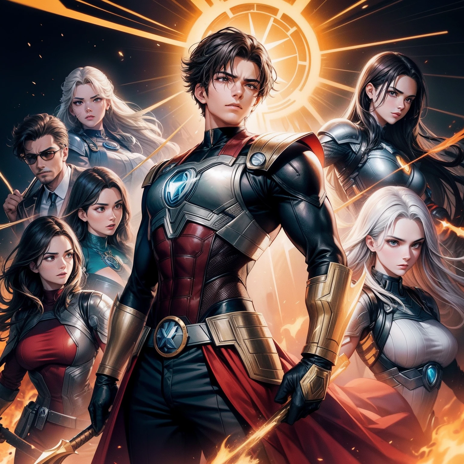 A confident and charismatic young man of 23 years surrounded by a group of powerful and diverse women, reminiscent of iconic Avengers posters. O jovem fica no centro, Exuding a sense of leadership and strength, while women surround him with determined expressions and unique abilities. Each woman represents a different archetype, de um cientista brilhante a um guerreiro habilidoso, and they all have their own distinct costumes and personalities. The composition should convey unity and teamwork, as they come together to meet a common challenge. The art style should capture the essence of a heroic and dynamic ensemble.