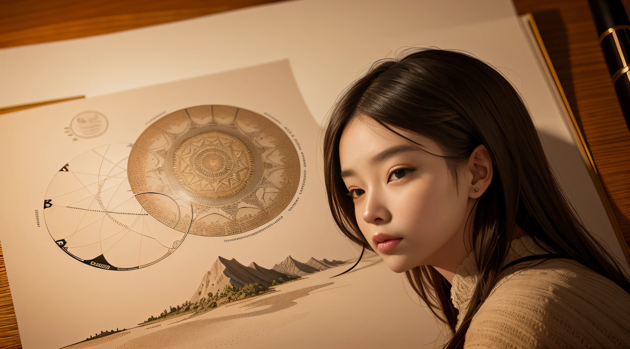 there is a woman that is looking at a drawing on a paper, korean artist, stunning digital illustration, 4k highly detailed digital art, inspired by Yeong-Hao Han, beautiful digital illustration, detailed face of a asian girl, exquisite digital illustration, great digital art with details, 8 k realistic digital art, photorealistic digital arts, wlop and ross tran