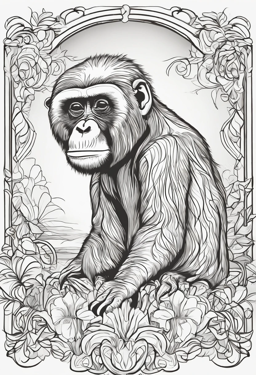 Generate an image of a Chimpance in an art style suitable for a coloring book. Make sure the image is clear and easy to color for kids. . Add simple but interesting details that help children identify the animal and enjoy the coloring process. The image should be large and detailed enough to take up an entire page of a standard coloring book. el dibujo que tenga marco