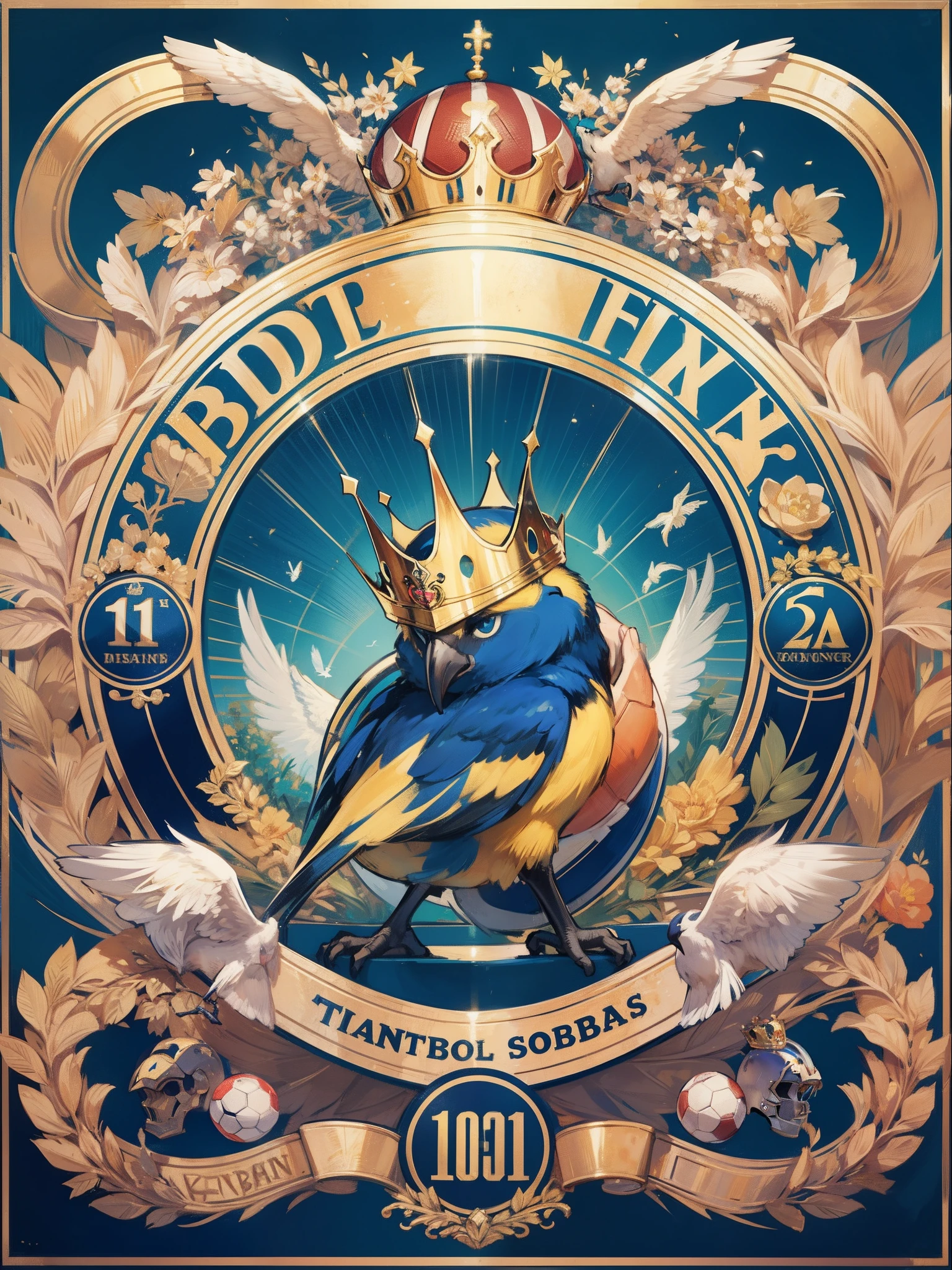 A football logo, a bird, a football, wearing golden crown, blue theme