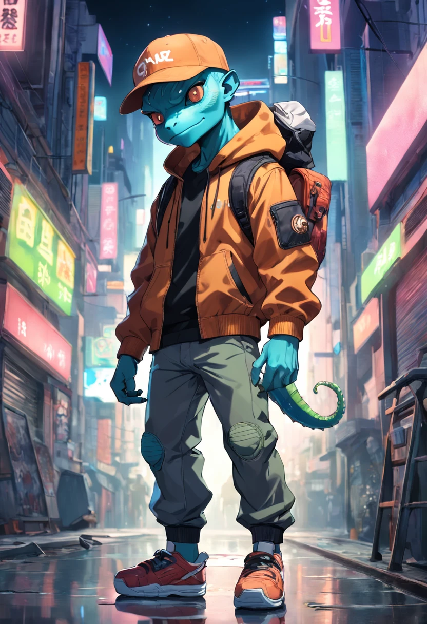 ((foto crua)), ((obra-prima)), anthropomorphic humanoid chameleon wearing streetwear clothes, andando furiosamente entre as pessoas, detalhe intrincado, intricate Greebles pieces, city behind, corpo musculoso, muscular arms, small head, Ogro monstruoso, Titan soft lighting, Hiper realista, soft-lighting