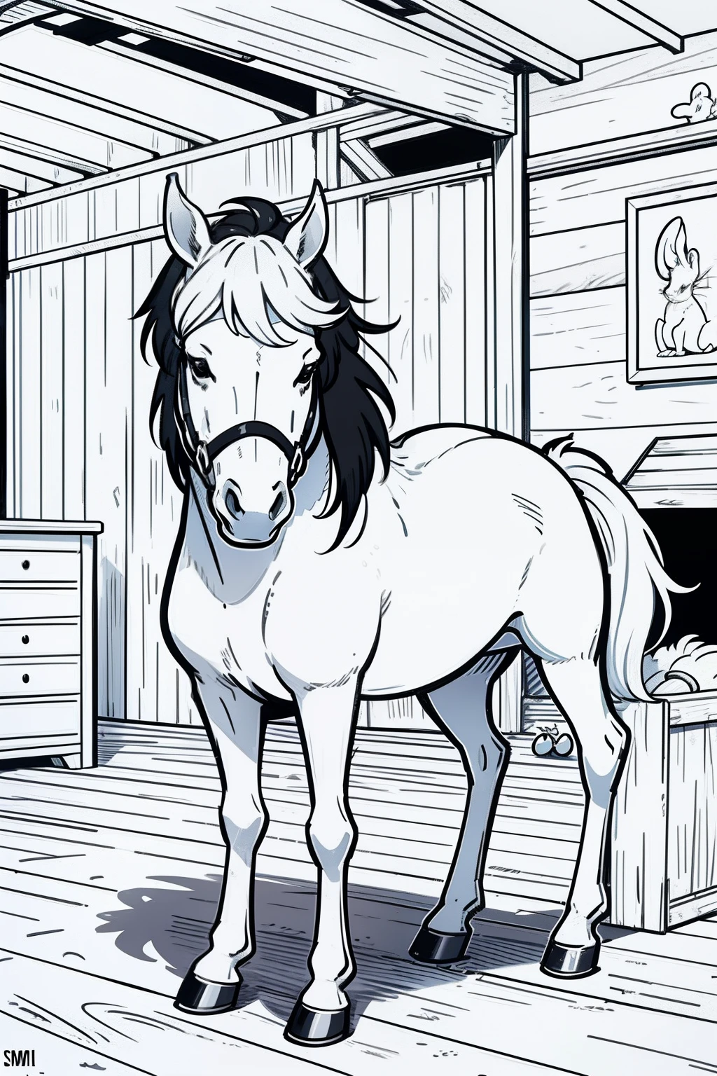 Coloring page for kids, desenho simples, estilo cartoon, a funny horse and a mouse, in a stable, Just the dashes, sem sombras, just the black dash and the white background.