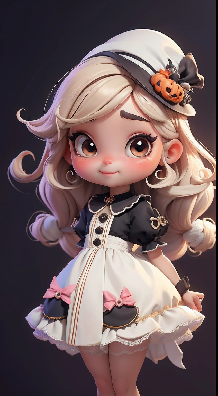 Create a series of cute dolls style chibi baby ??? skin dread with a cute halloween theme, each with lots of detail and in an 8K resolution. All dolls should follow the same solid background pattern and be complete in the image, mostrando o (corpo inteiro, incluindo as pernas: 1.5)

Boneca Mini halloween: Chame-a de Marina. Ela deve ter cabelos longos e encaracolados, em preto, dourado e laranja pastel. Seus olhos devem ser grandes e expressivos, with long eyelashes and rosy cheeks. Sorriso delicado e branco. modern accessories. Marina deve estar vestida de vestido preto e dourado, an ornate hat. She should bring halloween accessories. Certifique-se de adicionar detalhes nas roupas, such as buttons and pockets, sapato bonito

Certifique-se de adicionar sombras, texturas e detalhes nos cabelos, roupas, Halloween utensils, to make them even more adorable and charming.