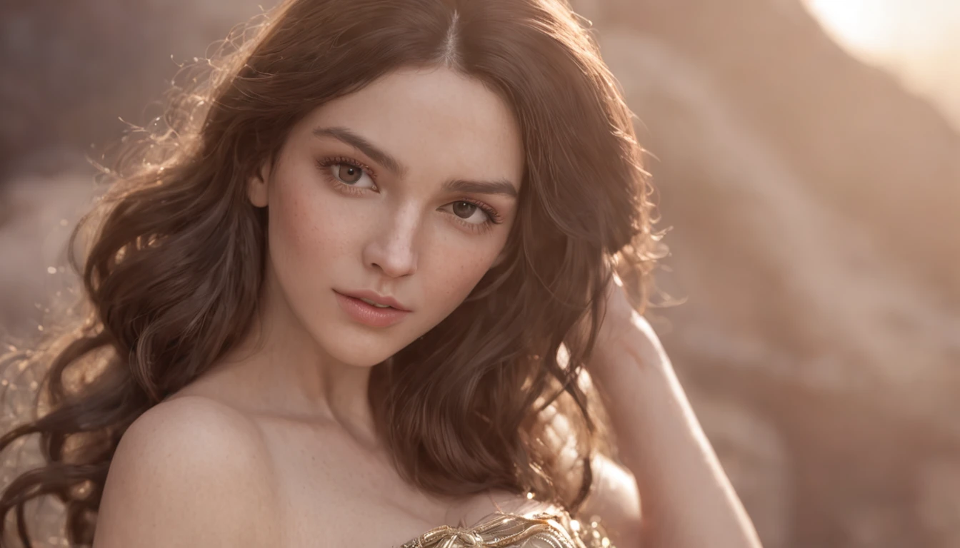 (professional 3d rendering:1.3) ((goddess aphrodite)) (realistic:1.3) World's most beautiful art picture，(((brown hairs))), (( brown eyes)), brunette, Caucasians, (), ( ), full body esbian, sport, Features: Soft and shiny, ((Epic fantasy long hair goddess in dynamic pose,, fantastic location, majestic disordered environment)), full body 8k unity render, action shooting, skin pores, heavy shading , detailed, Detailed face, (vibrant, photorealistic, realistic, dramatic, Dark, sharp focus, 8k),, (intricate:1.4), decadent, (highly detailed:1.4), digital painting, octane rendering, Art Seasons , Concept-Art, smooth, sharp focus, illustration, germ of art, (Loish:0.23), (global lighting, studio light, volumetric light), , rascal, fantasy,, ((Sea Backgroun:1.3)), CGSociety, Art Stations