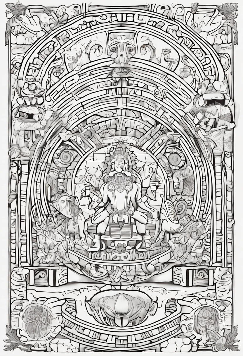 Generates an image of a Mayan calendar in an artistic style suitable for a coloring book. Make sure the image is clear and easy to color for kids. . Add simple but interesting details that help children identify the animal and enjoy the coloring process. The image should be large and detailed enough to take up an entire page of a standard coloring book. el dibujo que tenga marco