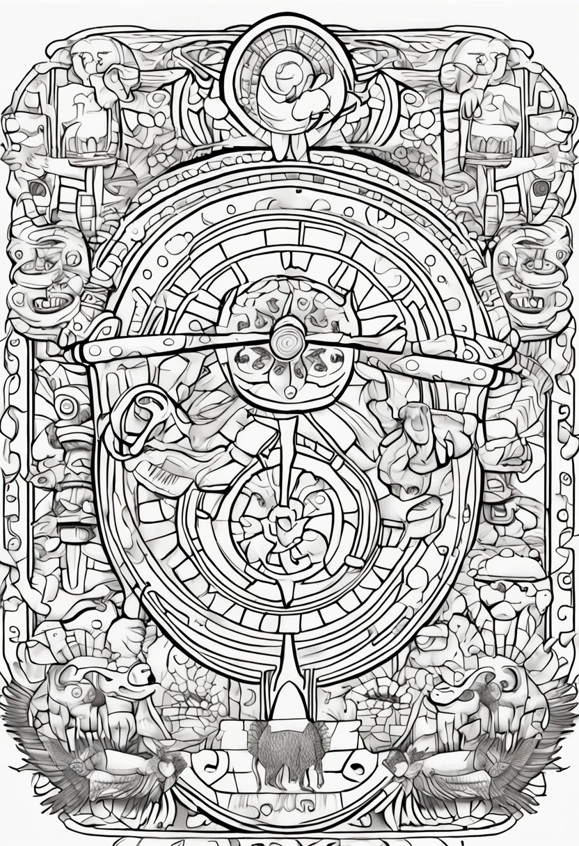 Generates an image of a Mayan calendar in an artistic style suitable for a coloring book. Make sure the image is clear and easy to color for kids. . Add simple but interesting details that help children identify the animal and enjoy the coloring process. The image should be large and detailed enough to take up an entire page of a standard coloring book. el dibujo que tenga marco