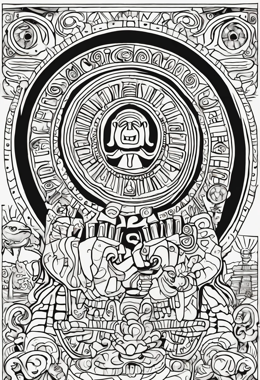 Generates an image of a Mayan calendar in an artistic style suitable for a coloring book. Make sure the image is clear and easy to color for kids. . Add simple but interesting details that help children identify the animal and enjoy the coloring process. The image should be large and detailed enough to take up an entire page of a standard coloring book. el dibujo que tenga marco