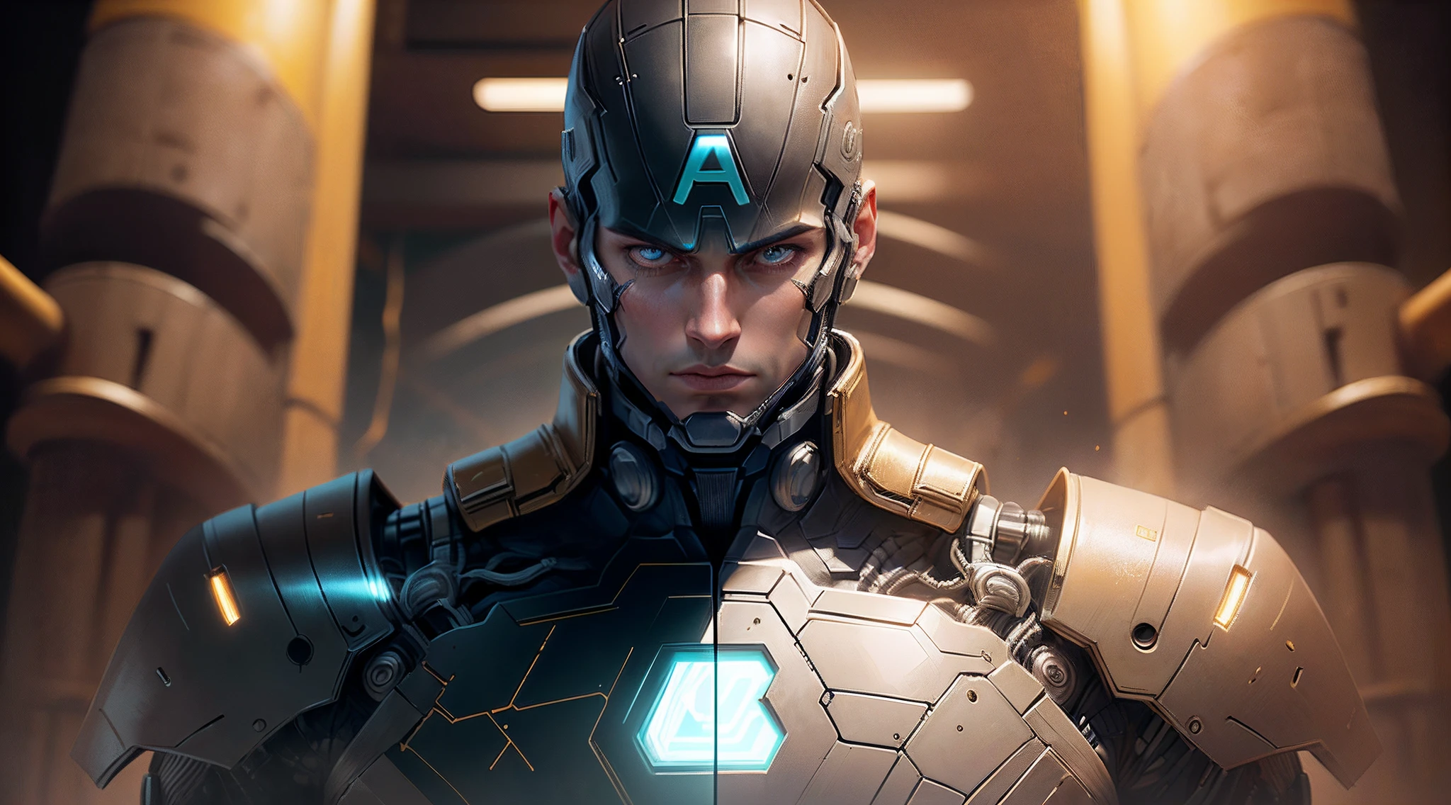 Captain America in robot form, futuristic cybernetic suit, imposing pose, cinematic scene, wearing a helmet with fashion and super interesting lights, luminous eyes