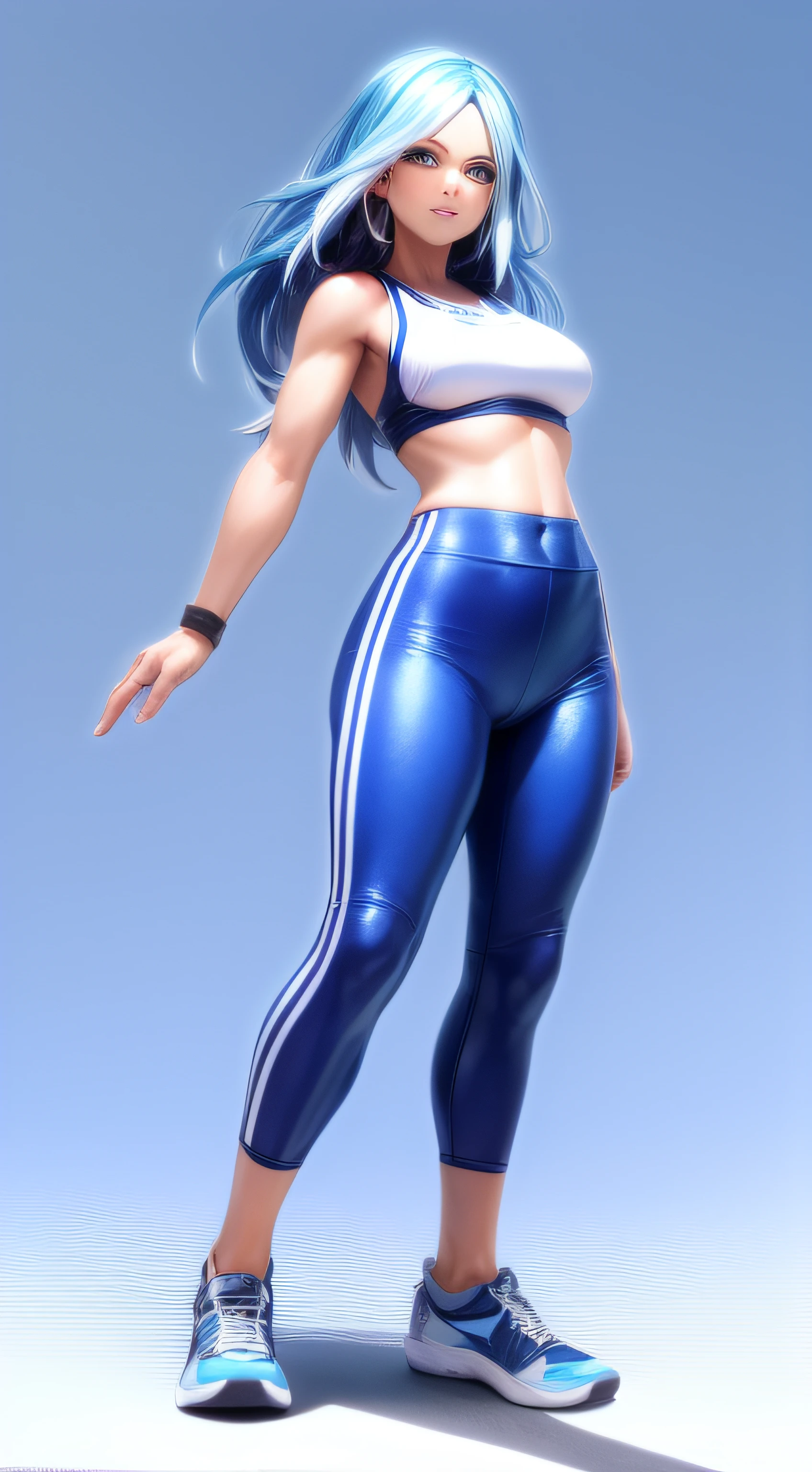 A full body picture of Urubida with blue hair and white highlights, shiny blue leggings and sport bra, playing soccer