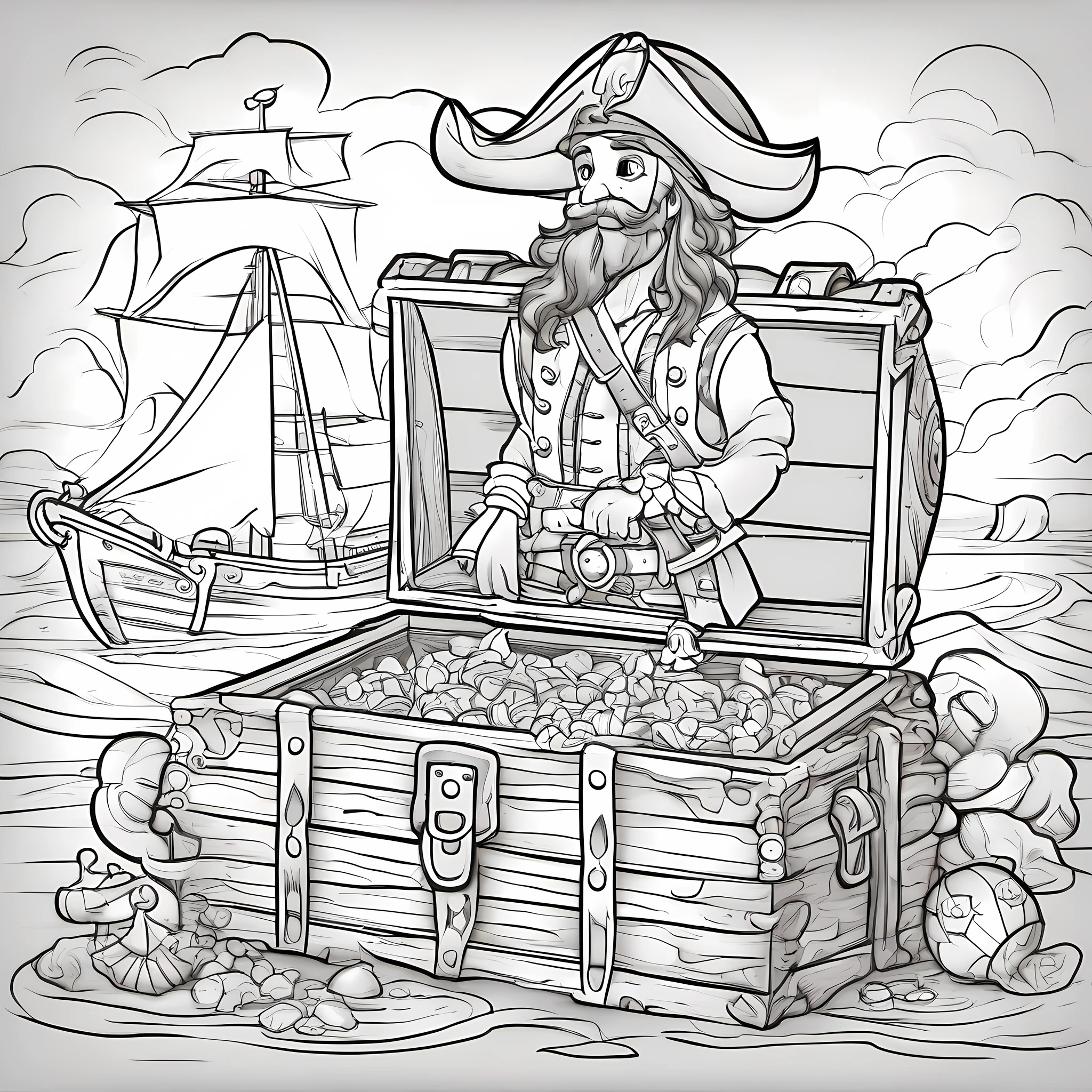 coloring book page, A pirate and a treasure chest, children's cartoon style, linhas grossas, sem cor, fundo branco, Simple strokes only, sem sombra e tons de cinza