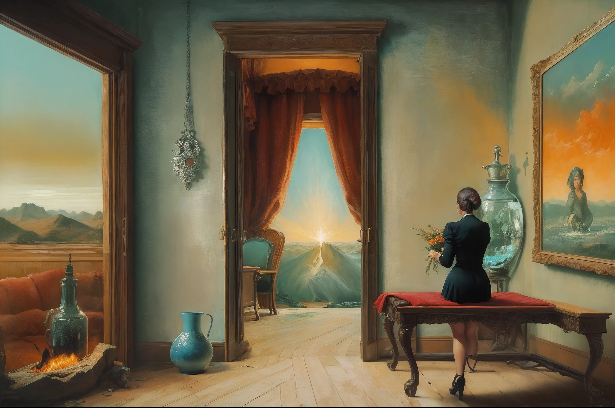 painting of a living room with a fireplace and a beautifull girl in the corner, surrealism painting, surreal painting, surrealism art, masterpiece surrealism, surrealistic painting, magritte painting, surrealism, surrealist painting, surreal scene, surreal oil painting, surreal art, rene magritte. hyperdetailed, surrealist art, by Dali, dali style, a surrealist painting
