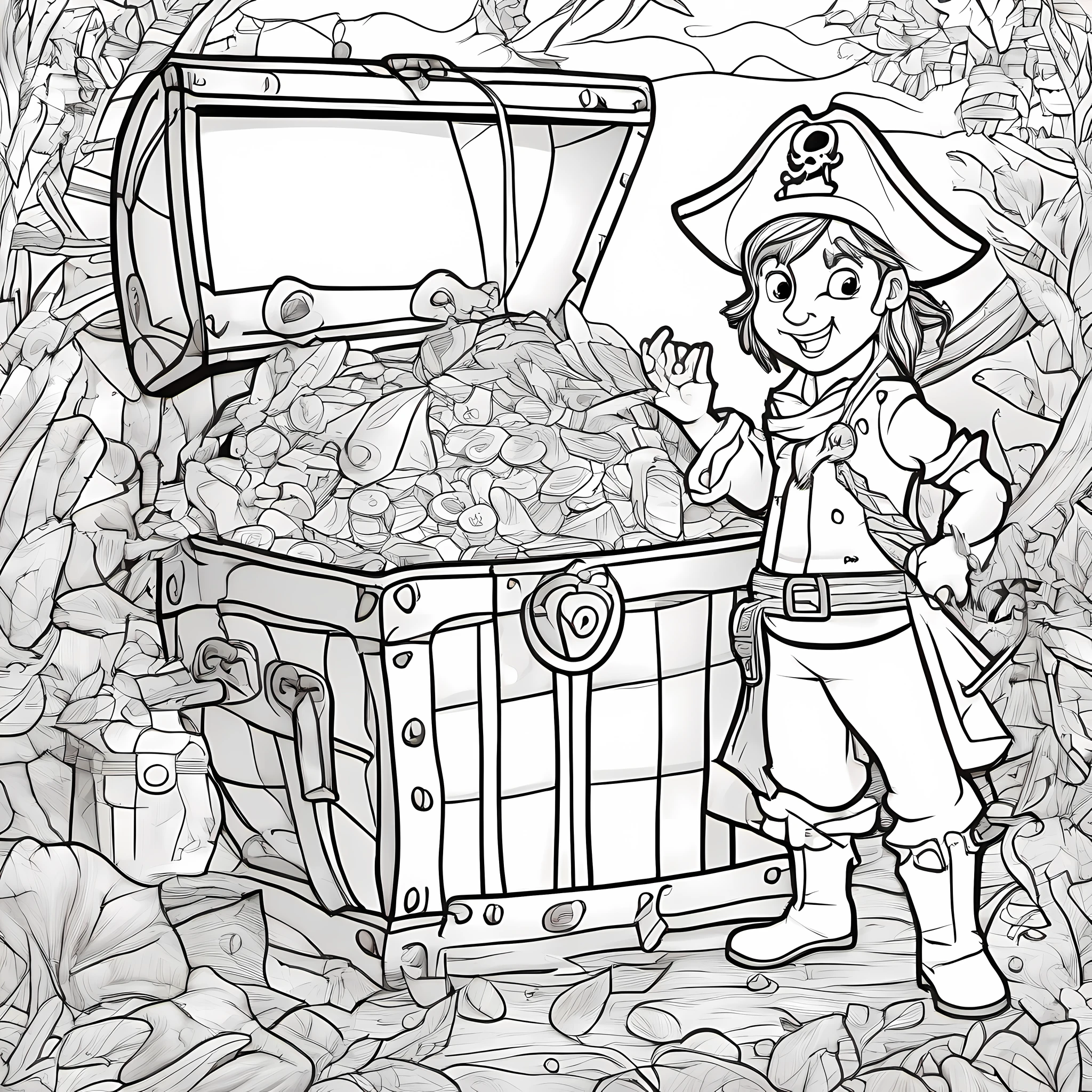 coloring book page, A pirate and a treasure chest, children's cartoon style, linhas grossas, sem cor, fundo branco, Simple strokes only, sem sombra e tons de cinza