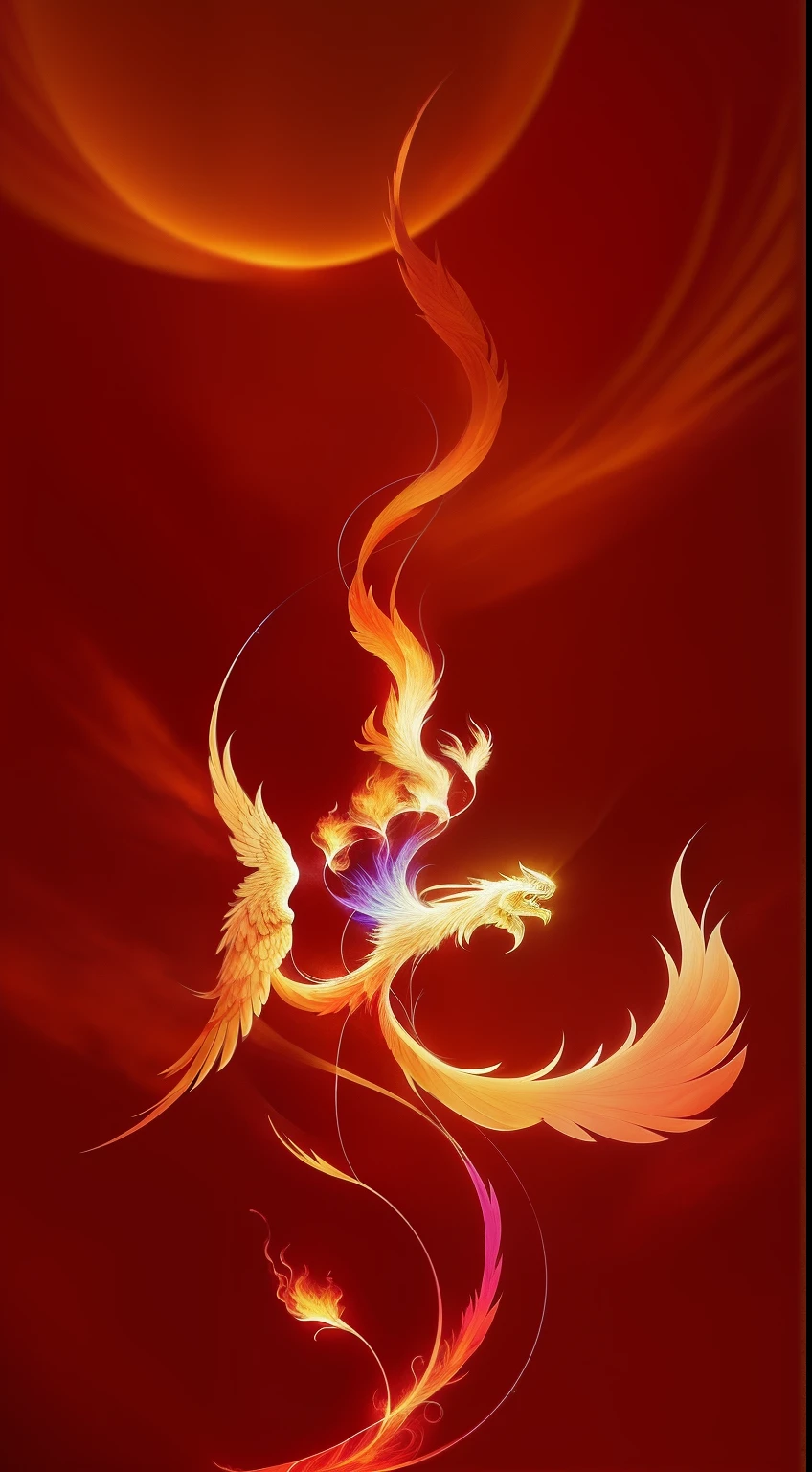 There is a picture of a firebird flying in the sky, ''wallpaper of a phoenix, ''wallpaper of a phoenix resting, phoenix in fire, artwork of a phoenix, phoenix-inspired, swirls of fire, highly detailed fire tendrils, phoenix flames, flame fractal, fiery bird, A beautiful artwork illustration, phoenix rising, ornate with fiery explosions,tmasterpiece，the detail，trends in art station，beautiful light up，realisticlying，iintricate，Award-Awarded，4K，HighestQuali
