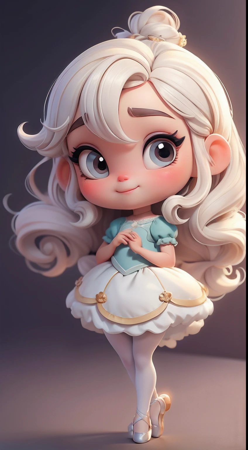 Create a series of cute chibi baby ??? style dolls with a cute ballet theme, each with lots of detail and in an 8K resolution. All dolls should follow the same solid background pattern and be complete in the image, mostrando o (corpo inteiro, incluindo as pernas: 1.5)
Boneca Mini bailarina: Chame-a de Marina. Ela deve ter cabelos longos e encaracolados, presos em um coque duplo, em preto, dourado e castanho pastel. Seus olhos devem ser grandes e expressivos, with long eyelashes and rosy cheeks. Sorriso delicado e branco. modern accessories. Marina must be dressed in a ballet dress. She must bring ballet accessories. Certifique-se de adicionar detalhes nas roupas, como saias e brilho, sapatilha bonito
Certifique-se de adicionar sombras, texturas e detalhes nos cabelos, roupas, Ballet utensils, to make them even more adorable and charming.