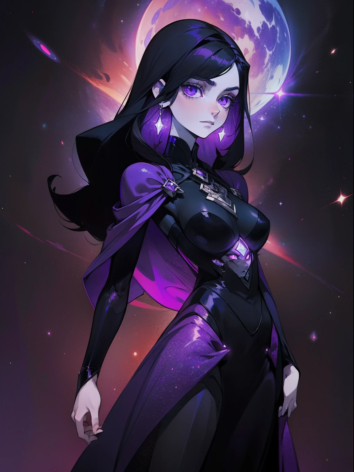 dark mysterious character, black hair, purple eyes, black dress costume with silver details like a galaxy, pale skin, cosmic fantasy villain