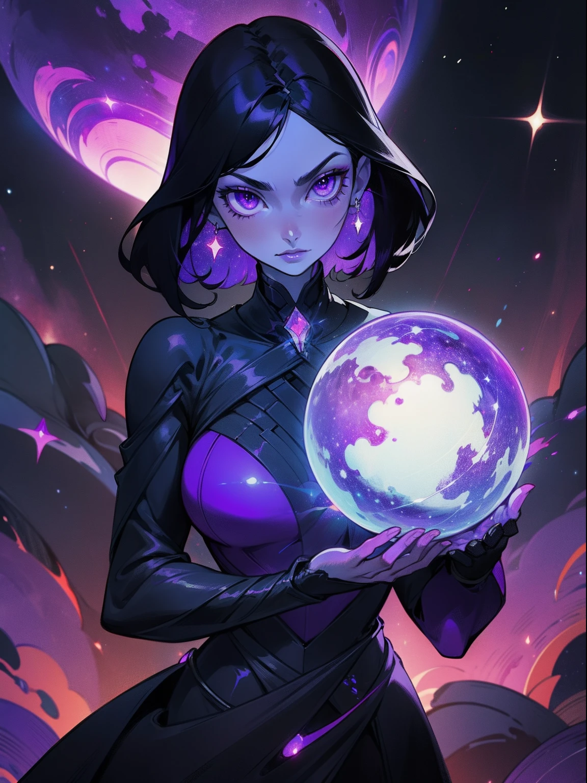 dark mysterious character, black hair, purple eyes, black dress costume with silver details like a galaxy, pale skin, cosmic fantasy villain