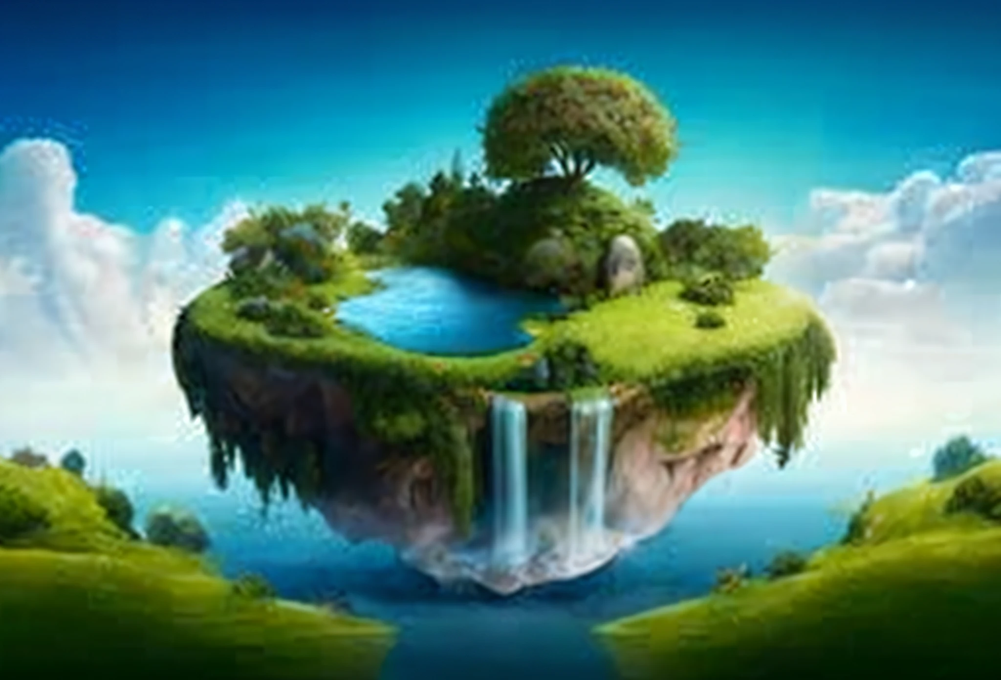 a small island with a waterfall and trees on it, an island floating in the air, floating island, floating and flying island, island floating in the sky, flying island, floating island in the sky, floating islands, sky island, flying island in the sky, isometric island in the sky, an island, fantasy scenic, myst island, flying islands
