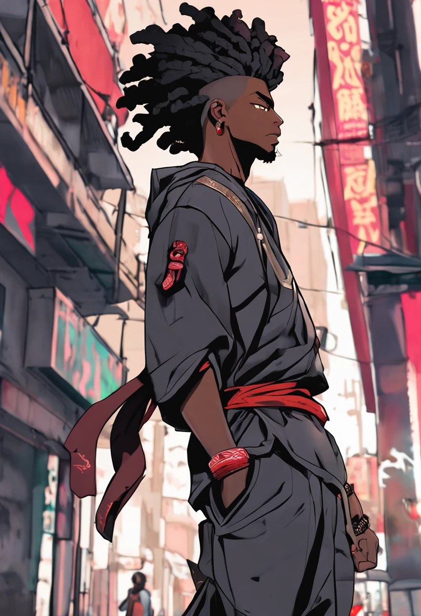 anime light skinned Black samurai guy in street wear
