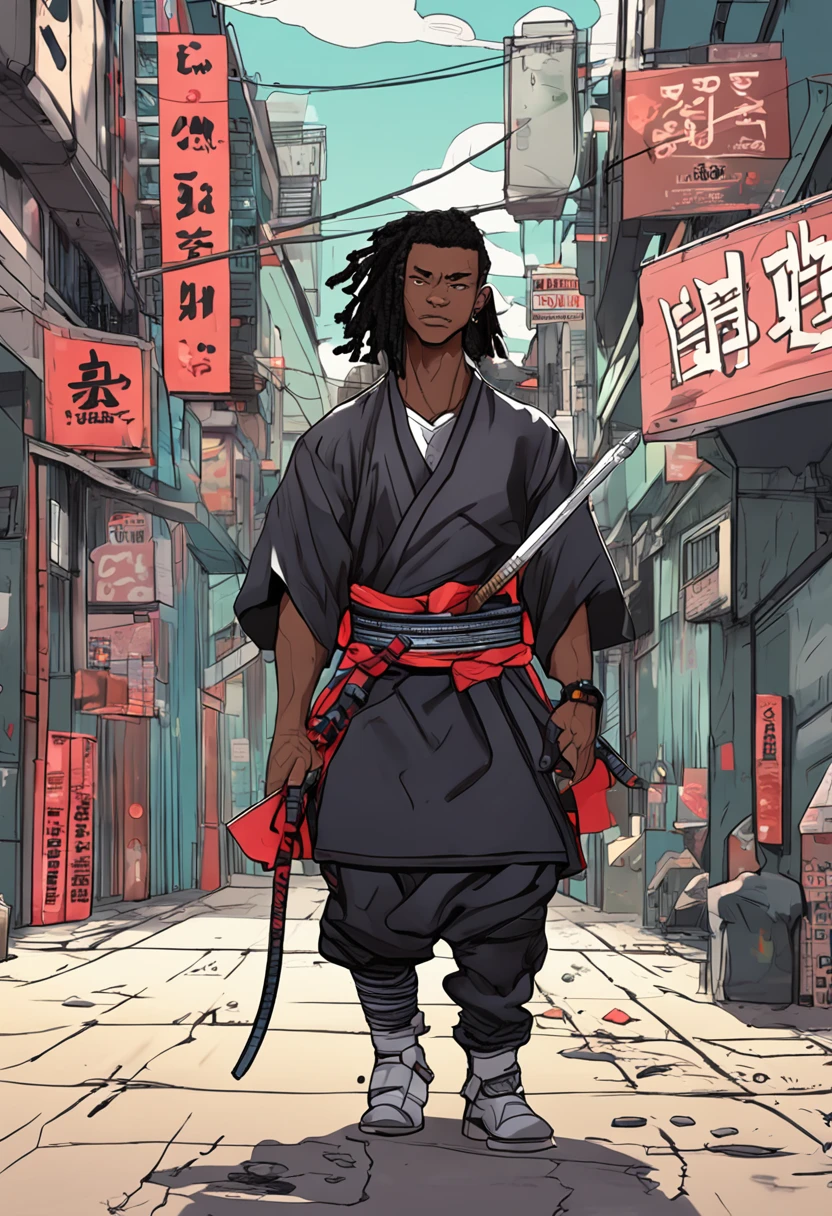 anime light skinned Black samurai guy in street wear
