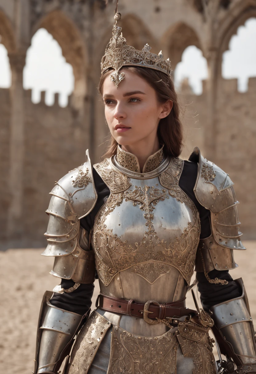 Royal Knights,Historical heavy armor envelops the entire body,Point the knight's sword at the sky,portraite of a,Close-up separation,solemn,Flat Breast,Modest,humble,Cinematic, HDR, lowbrow, Intricate, hiquality, Gorgeous shades, intricate details, Super-slim;,oc render