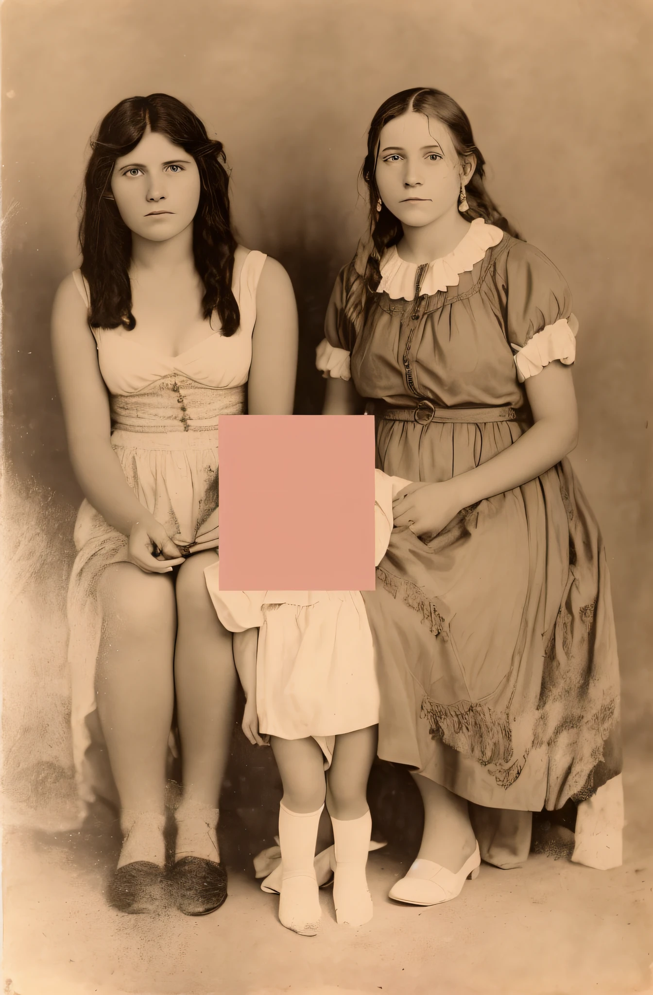 Hay dos mujeres paradas una al lado de la otra en una foto, Foto antigua realista, realistic old photograph, Foto envejecida, Una foto coloreada, Color restoration, foto restaurada, fondo coloreado, Foto coloreada, Collodion photography, foto antigua, Foto de estilo antiguo, cursed photography, old photograph, old color photograph, Vista de cuerpo completo de tintype, Foto antigua en color