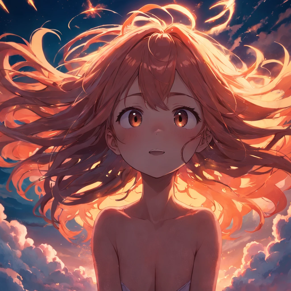 obra-prima, melhor qualidade, filme ainda, 1girl, garota nuvem cabelos vermelhos e longos, floating into the sky, close-up, brilhante, feliz, Soft lighting and Warm, sun sunset, (Sparks: 0,7)