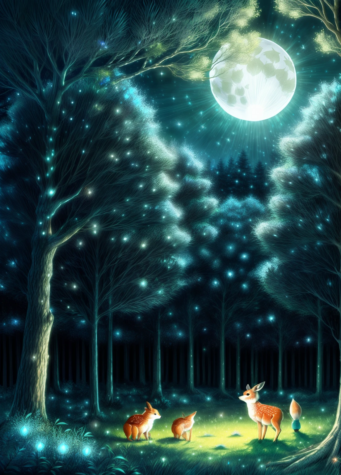 "Enchanted forest, illuminated by the soft moonlight, playful foxes, graceful fawns, adorable cubs, wise owls, cute bunnies, and prickly hedgehogs gather under the celestial beauty."