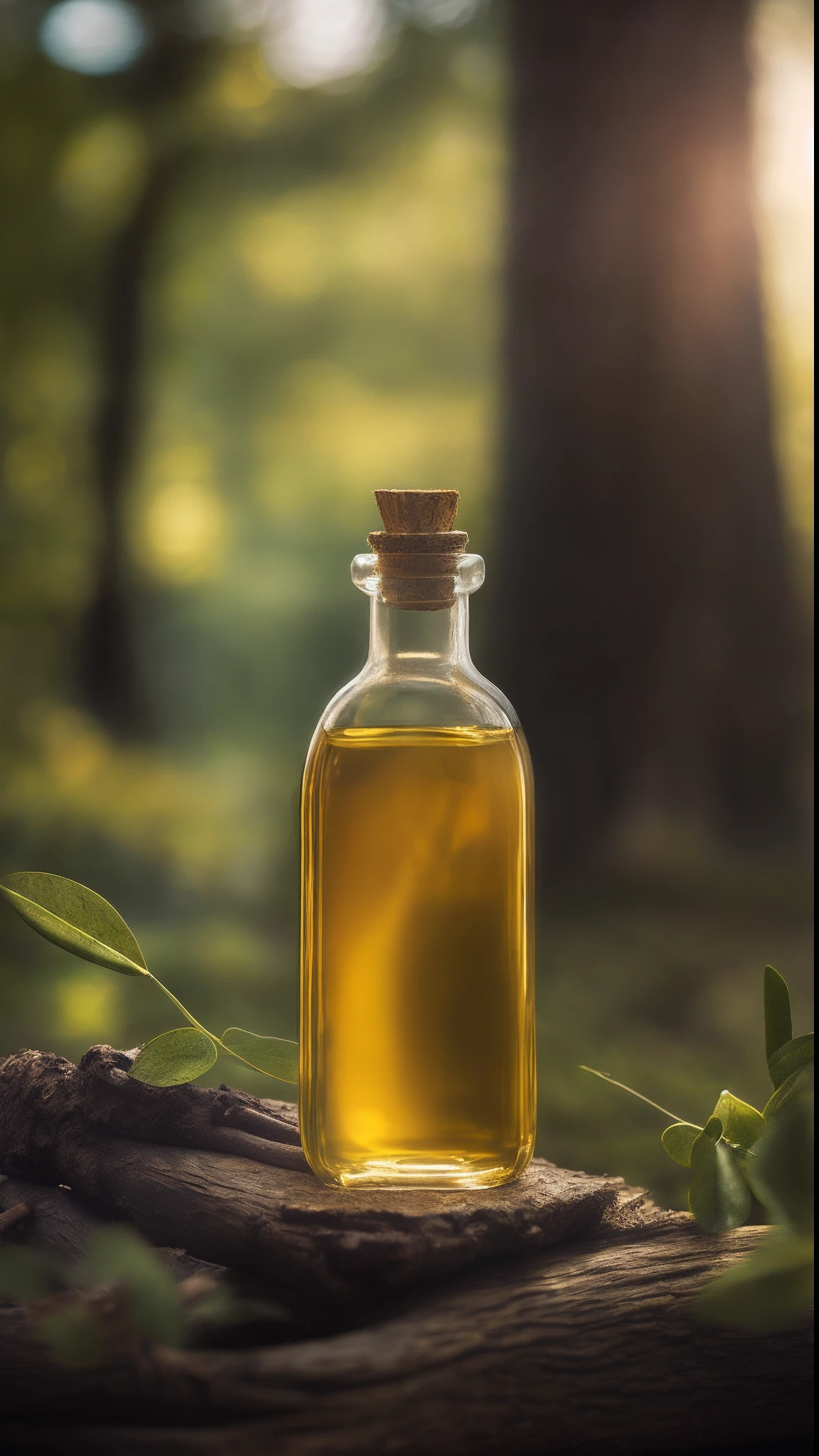 there is a bottle of oil sitting on a log in the woods, olive oil, cooking oil, detailed oil, glowing oil, oils, made of glowing oil, natural realistic render, with depth of field, mild depth of field, 3d with depth of field, paul barson, soft natural lighting, product photography, unsaturated, bottle, sweet almost oil