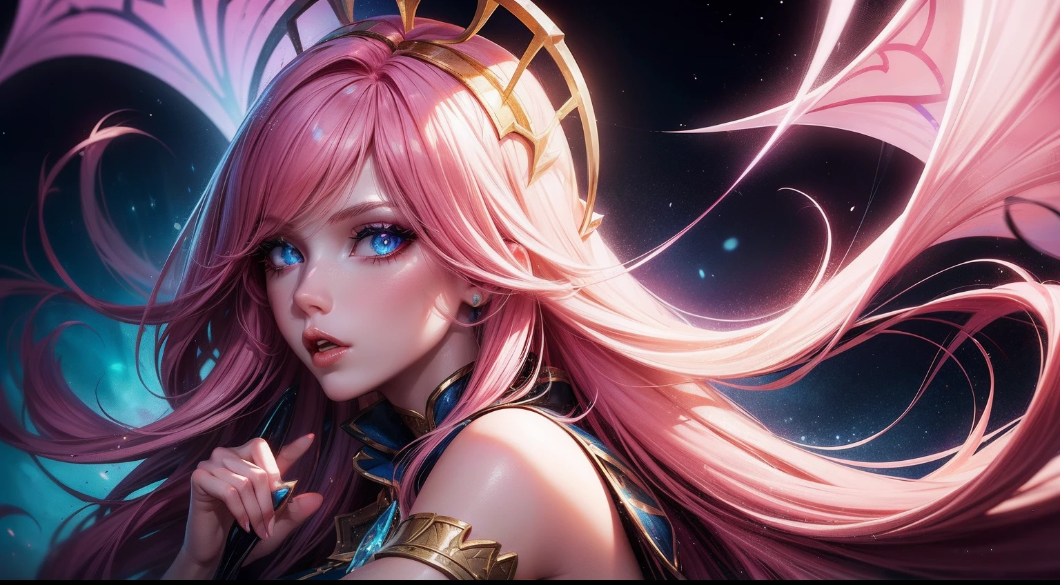 Seraphine from League of Legends, long pink hair, white skinned, tall, blue eyed, fit, queen, vocalist, popstar singing in concert, riot games splash art, detailed fingers, detailed eyes, detailed background