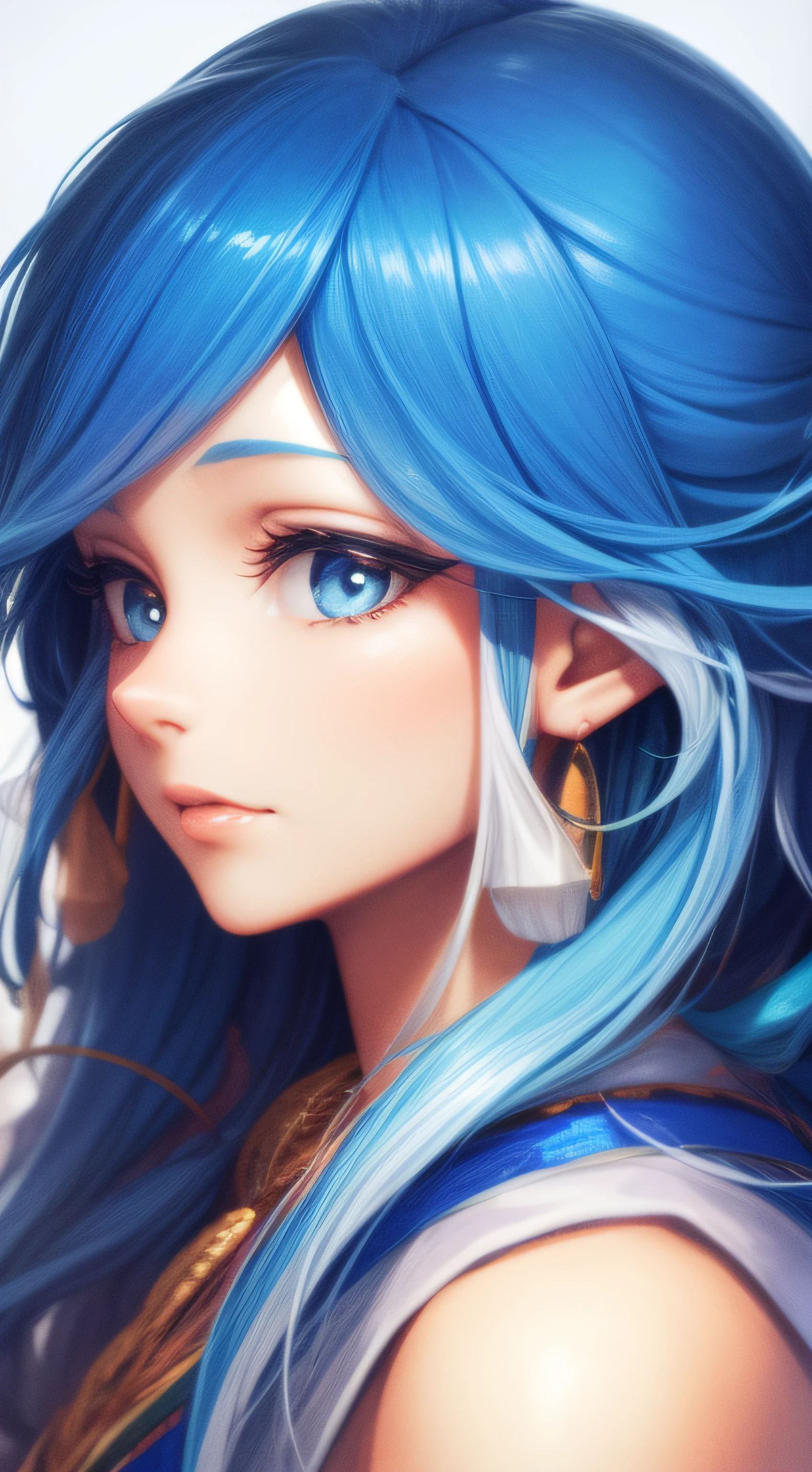 A portrait of Urubida with blue hair and white highlights