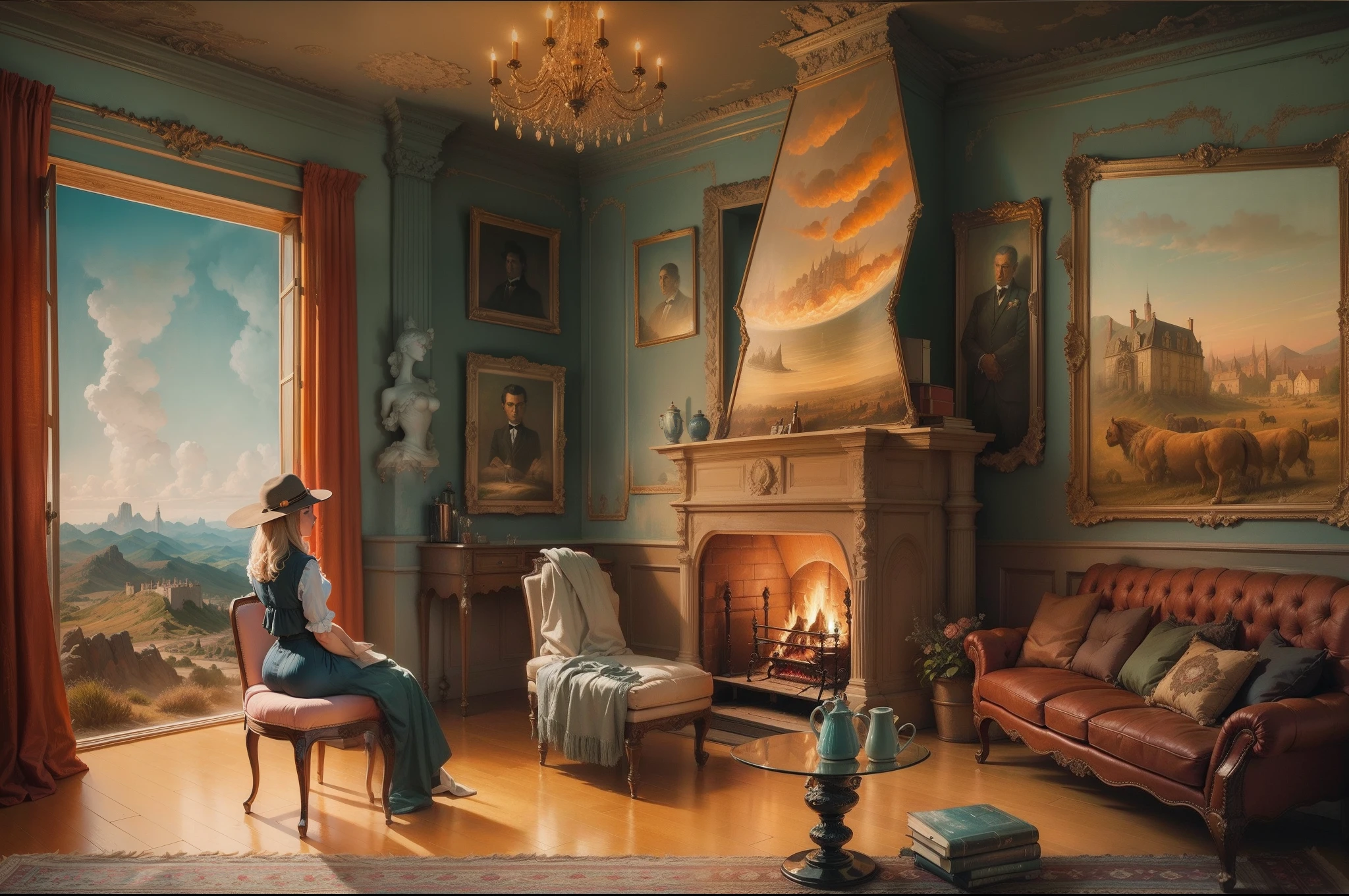 painting of a living room with a fireplace and a beautifull girl in the corner, surrealism painting, surreal painting, surrealism art, masterpiece surrealism, surrealistic painting, magritte painting, surrealism, surrealist painting, surreal scene, surreal oil painting, surreal art, rene magritte. hyperdetailed, surrealist art, by Dali, dali style, a surrealist painting