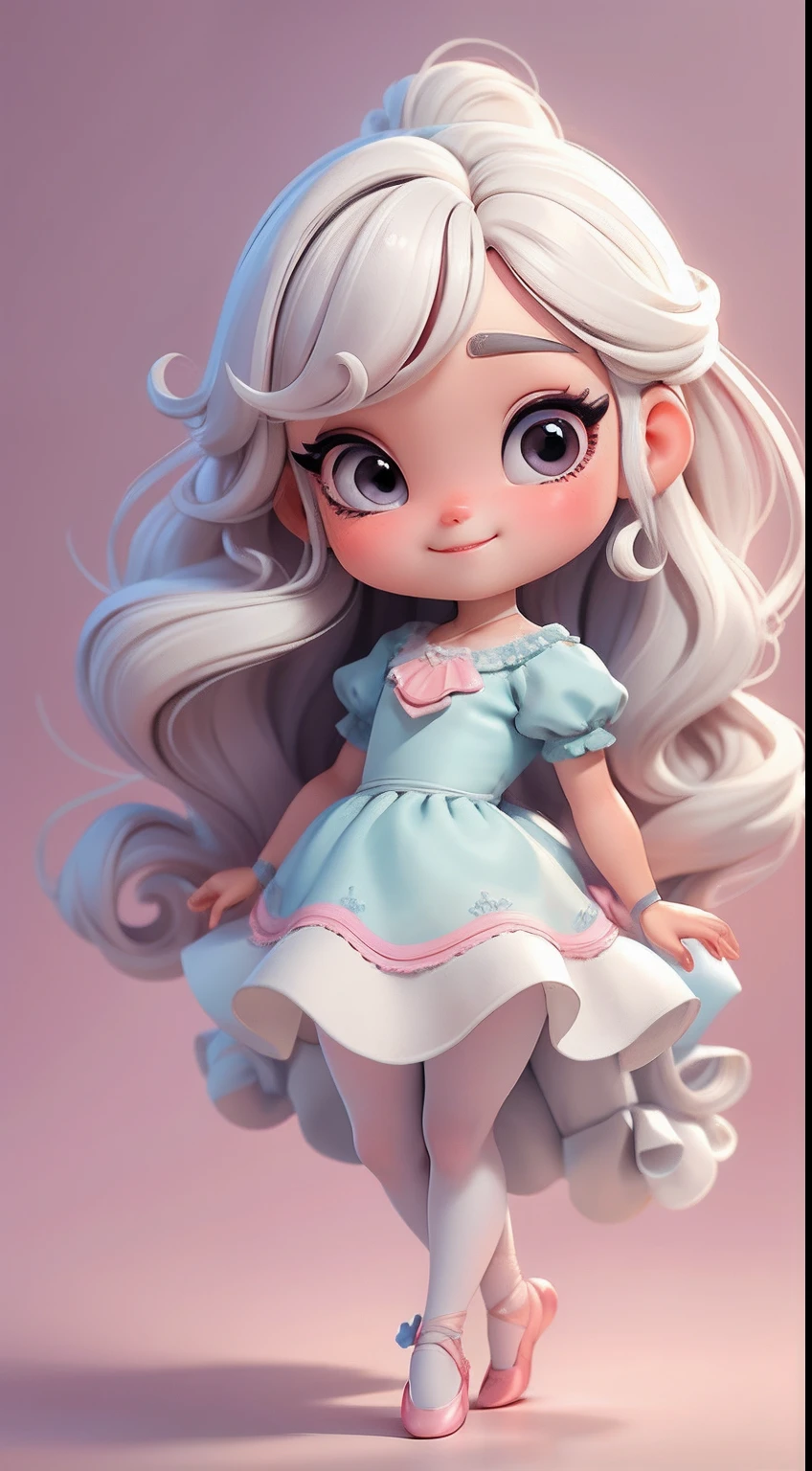 Create a series of cute baby style chibi dolls with a cute ballet theme, each with lots of detail and in an 8K resolution. All dolls should follow the same solid background pattern and be complete in the image, mostrando o (corpo inteiro, incluindo as pernas: 1.5)

Boneca Mini bailarina: Chame-a de Marina. Ela deve ter cabelos multicolor, presos em um coque duplo. Seus olhos devem ser grandes e expressivos, with long eyelashes and rosy cheeks. Sorriso delicado e branco. modern accessories. Marina must be dressed in a ballet dress. She must carry ballet accessories. Certifique-se de adicionar detalhes nas roupas, como saias e brilho, sapatilha bonito

Certifique-se de adicionar sombras, texturas e detalhes nos cabelos, roupas, Ballet utensils, to make them even more adorable and charming.