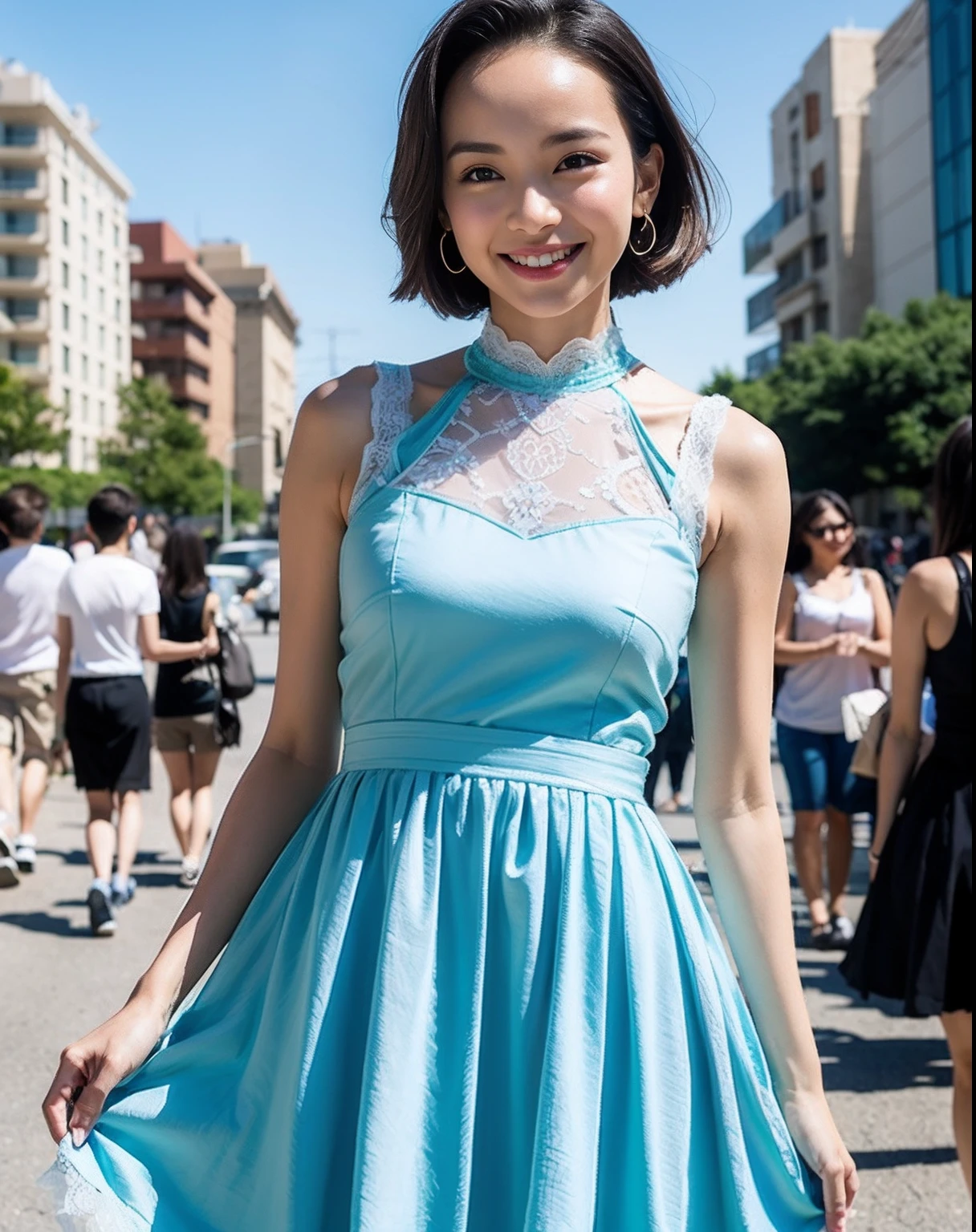 Malay girl, very short white hair, pixie cut hair, wear light plain blue baju kurung, laughing and posing with hand on hip, wear handbag, from back view, windy, detail skin, age spot, detail skin texture, mole below eyes, small breast, flat chest, wide hips, small waists, thick thighs, slim abs, beautiful body, nighttime, laughing, happy, bright lighting, crowded dinner hall, blur background, bokeh,