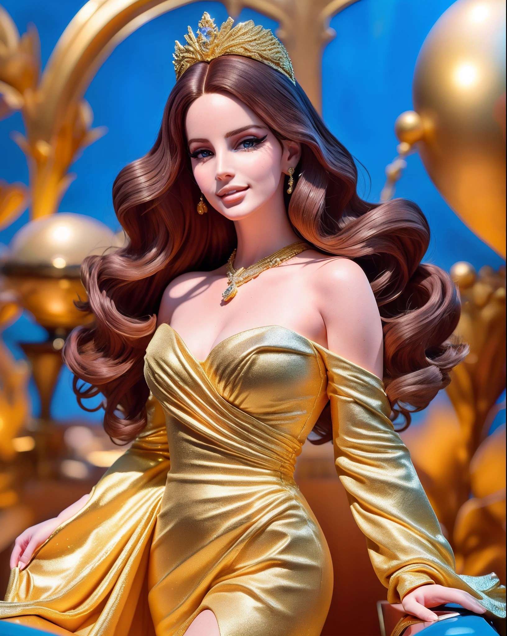 (masterpiece, high resolution, official art:1.3), Lana Del Rey as Barbie, (golden long gown:1.2), (full-body size:1.1), inside a Barbie box, glamorous, radiant, long flowing golden hair, (mesmerizing blue eyes:1.2), enchanting makeup, perfect complexion, striking resemblance, exquisite jewelry, elegant tiara, confident smile, (luxurious golden heels:1.2), dynamic pose, holding a golden microphone, vintage microphone stand, studio lighting, sparkling background, golden shimmer, classic Barbie logo on the box, retro typography, collector's edition, timeless beauty, iconic transformation, nostalgic atmosphere, show-stopping performance, looking at the viewer with allure.