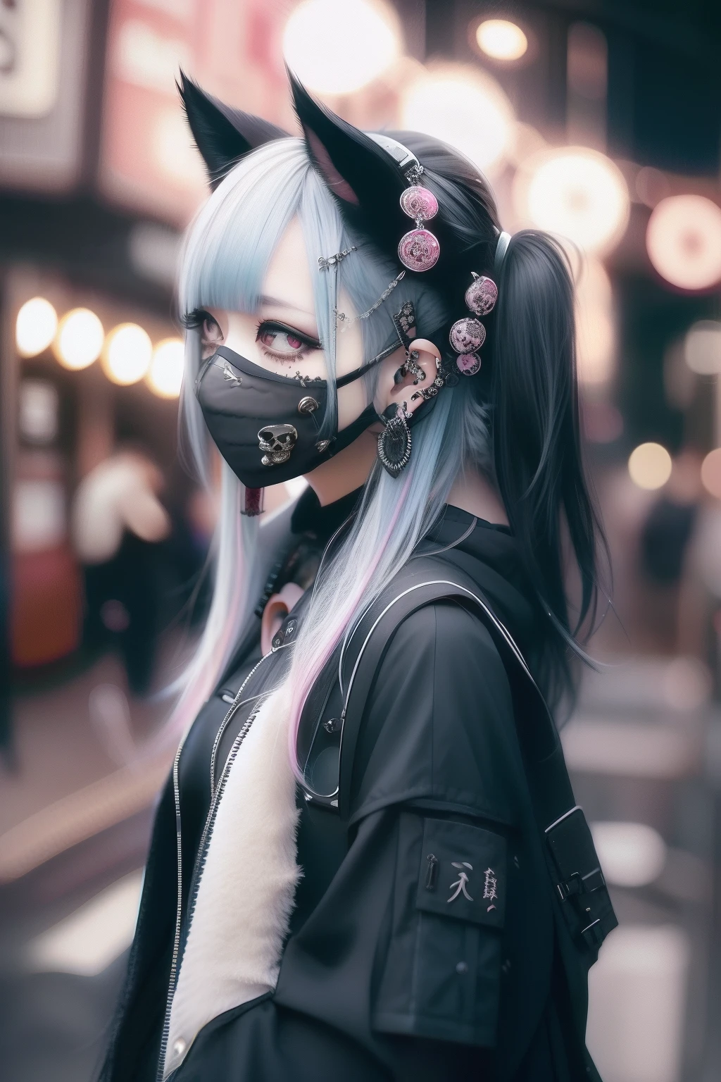 skull、A dark-haired、A black、Pink hair、black、black hair、goth_punk, 1girl in, 独奏, medium shot, Walking in Harajuku, ((during night)), bokeh dof, neon light, iridescent eyes, starrysky, White sparkling hair, White eyebrows, Radiant hair, (iridescent white hair), 耳Nipple Ring, bangss, jewely, masks, bluntbangs, verd s eyes, Mouth mask, blurry backround, bblurry, hair adornments, Look at viewers, shorth hair, portraitures, side locks