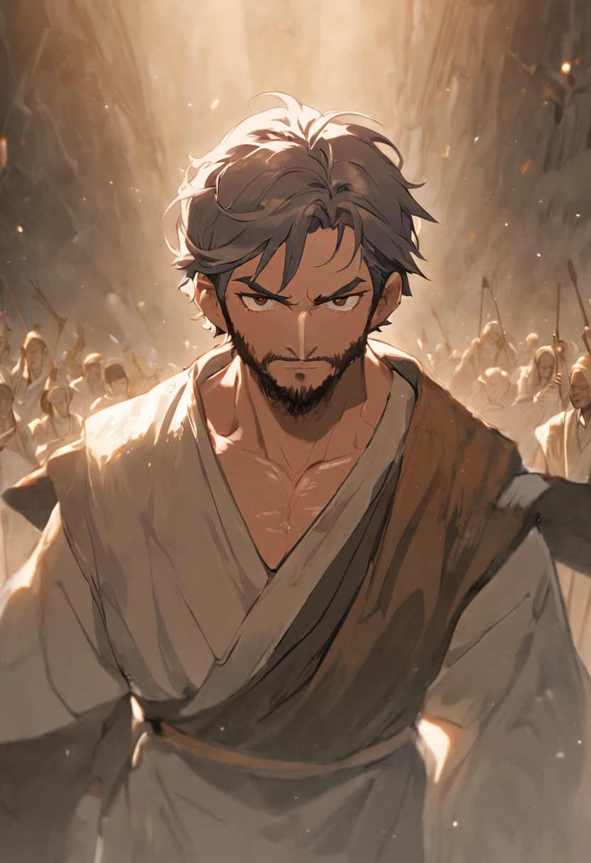 An image of Saint. JOSEPH, as described in the Bible. Ele deve ser retratado como um homem com cabelos longos e barba, wearing simple period clothes. He should have a serene and loving expression on his face, and may be surrounded by his disciples or performing a miracle. The image must be faithful to biblical descriptions and represent the divine nature of St.. JOSEPH, 4k, fotorrealista, de alta qualidade, obra-prima, cinematic composition, slow-motion, (grisalhos:1.2), corrente e armadura de placa, (realista e detalhada|armadura intrincada:1.1), (visible face:1.3), (fisionomia fotorrealista|olhos|irises|pele|musculatura, pele detalhada, textura da pele, pele natural), (holding a sword in his hand:1. 2), perspectiva frontal, pose imponente e determinada, Looking forward with determination, skin imperfections, rugas naturais da pele, manchas naturais da pele, roupas altamente detalhadas, detalhes abundantes, detalhes intrincados, rugas realistas na roupa, paisagem de fantasia medieval, clouded skies, castelo ao fundo ao longe, Radiant lighting, sombras profundas, dramatic scene, paleta de cores escuras e frias, tons de azul e cinza, Nenhum outro personagem na cena, detalhes abundantes|intrincados, paisagem detalhada, volumeric lighting, (Detailed lighting), (reflexos de luz detalhados na armadura:1. 1), 8k, altamente detalhado, UHD, HDR, photorealistic facial expression|penteado