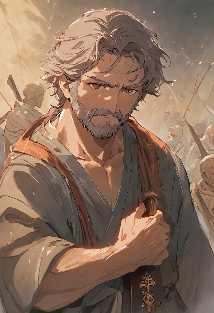 An image of Saint. JOSEPH, as described in the Bible. Ele deve ser retratado como um homem com cabelos longos e barba, wearing simple period clothes. He should have a serene and loving expression on his face, and may be surrounded by his disciples or performing a miracle. The image must be faithful to biblical descriptions and represent the divine nature of St.. JOSEPH, 4k, fotorrealista, de alta qualidade, obra-prima, cinematic composition, slow-motion, (grisalhos:1.2), corrente e armadura de placa, (realista e detalhada|armadura intrincada:1.1), (visible face:1.3), (fisionomia fotorrealista|olhos|irises|pele|musculatura, pele detalhada, textura da pele, pele natural), (holding a sword in his hand:1. 2), perspectiva frontal, pose imponente e determinada, Looking forward with determination, skin imperfections, rugas naturais da pele, manchas naturais da pele, roupas altamente detalhadas, detalhes abundantes, detalhes intrincados, rugas realistas na roupa, paisagem de fantasia medieval, clouded skies, castelo ao fundo ao longe, Radiant lighting, sombras profundas, dramatic scene, paleta de cores escuras e frias, tons de azul e cinza, Nenhum outro personagem na cena, detalhes abundantes|intrincados, paisagem detalhada, volumeric lighting, (Detailed lighting), (reflexos de luz detalhados na armadura:1. 1), 8k, altamente detalhado, UHD, HDR, photorealistic facial expression|penteado
