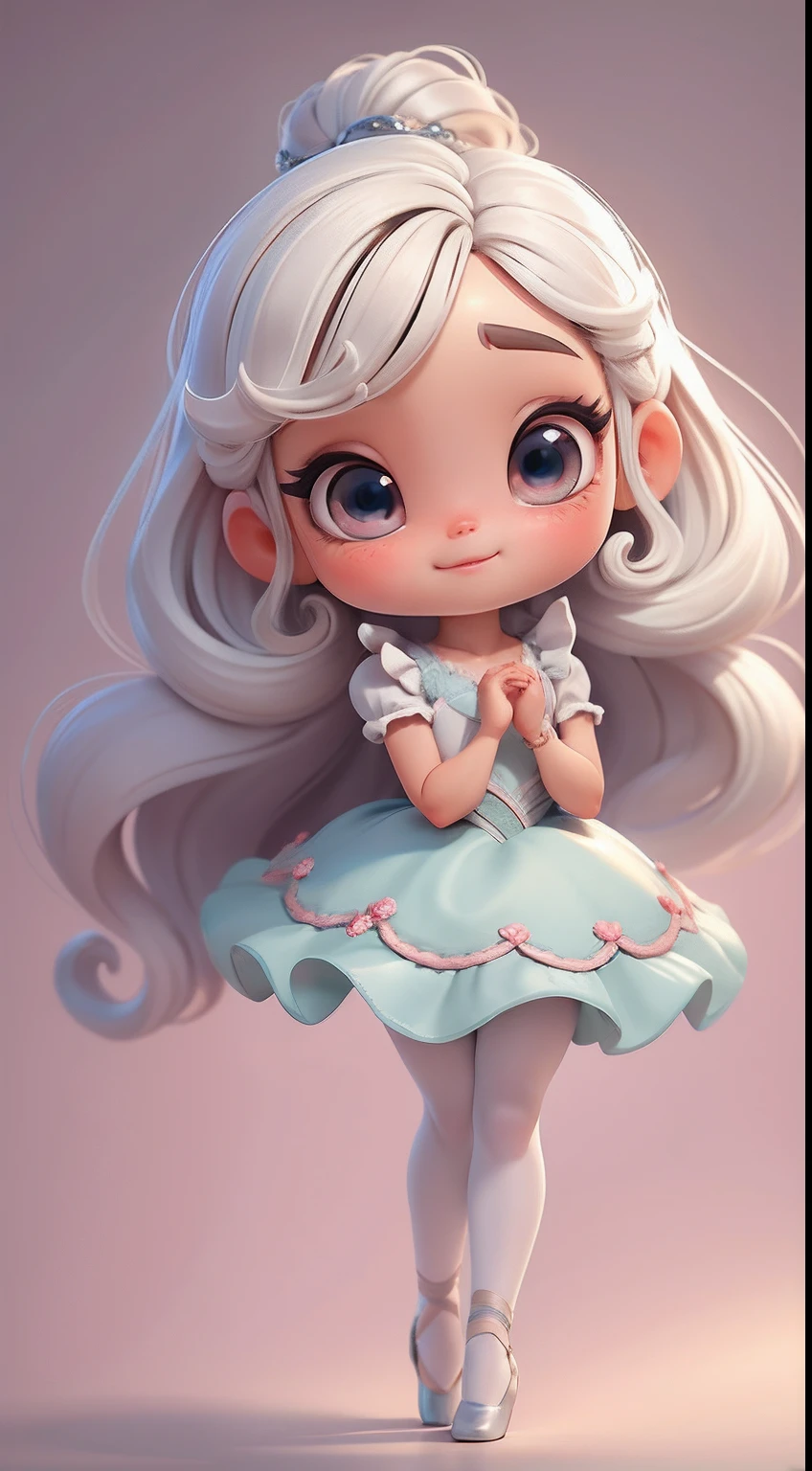 Create a series of cute style chibi dolls with a cute ballet theme, each with lots of detail and in an 8K resolution. All dolls should follow the same solid background pattern and be complete in the image, mostrando o (corpo inteiro, incluindo as pernas: 1.5)
Boneca Mini bailarina: Chame-a de Marina. Ela deve ter cabelos presos em um coque alinhado. Seus olhos devem ser grandes e expressivos, with long eyelashes and rosy cheeks. Sorriso delicado e branco. modern accessories. Marina must be dressed in a ballet dress. She must carry ballet accessories. Certifique-se de adicionar detalhes nas roupas, como saias e brilho, sapatilha bonito
Certifique-se de adicionar sombras, texturas e detalhes nos cabelos, roupas, Ballet utensils, to make them even more adorable and charming.