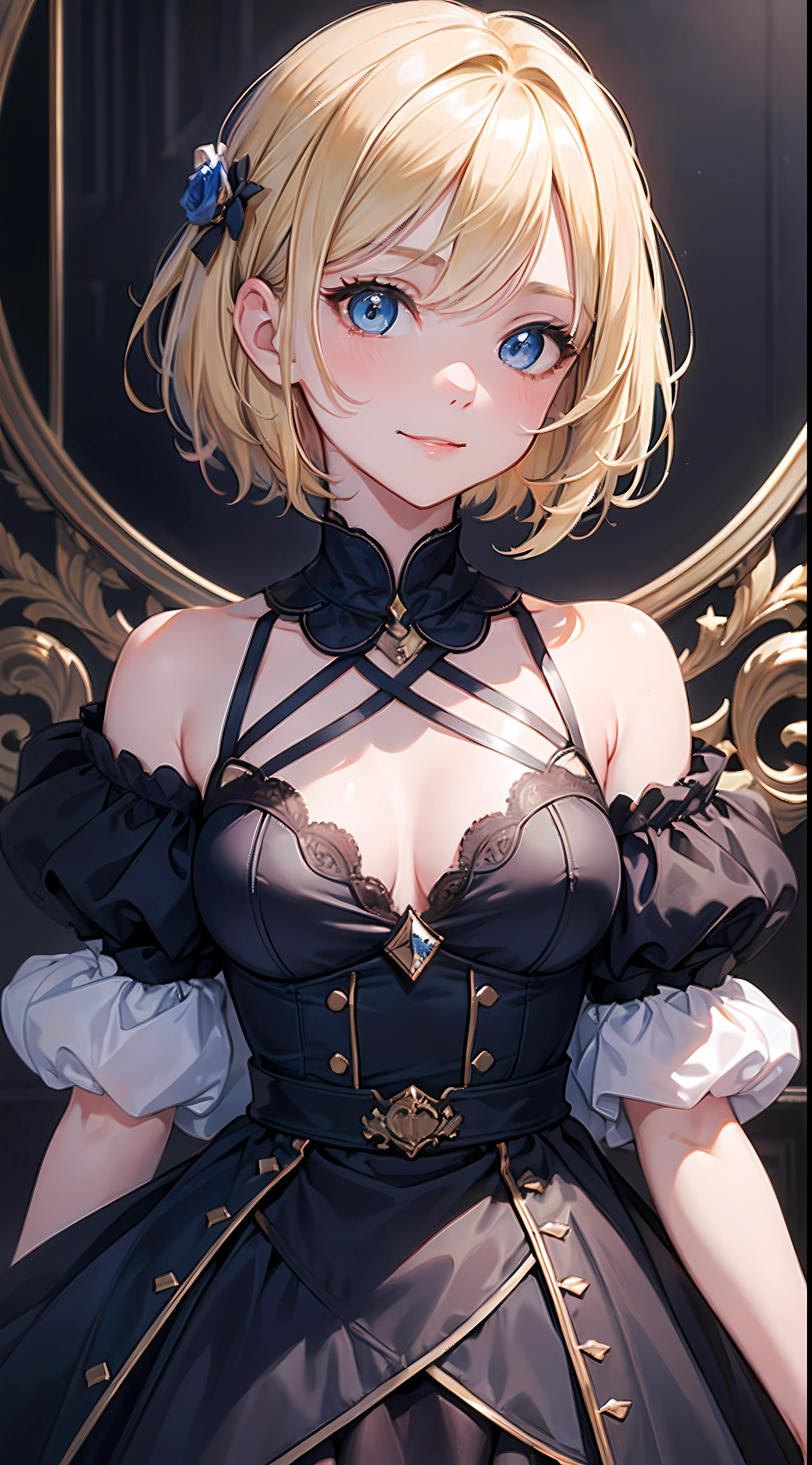 (masterpiece), best quality, expressive eyes, perfect face, blonde hair, short hair, hair details, blue eyes, eyes detail, soft skin, cute face, very smile facial features, beautiful girl, shy, high quality, high resolution, long medium shot, view from below