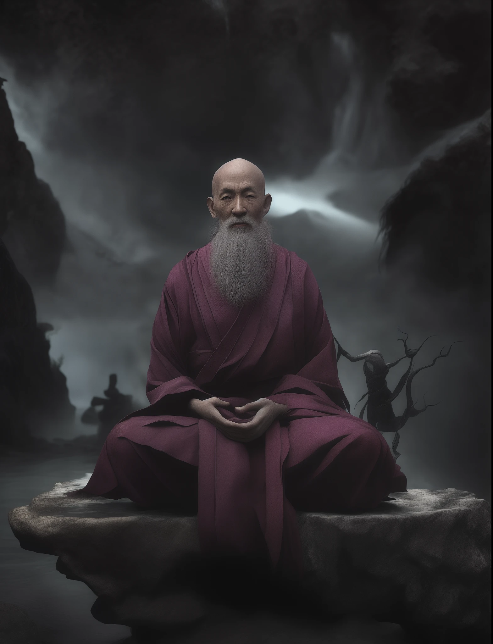 Muscular old Asian monk sits cross-legged in an patch of flowers with his eyes opens in deep meditation, wearing a hood and cape, his stoic expression remains unbroken, (extremely detailed CG), ((Realistic Shadows:1.2)), ((Realistic Lighting:1.1)), [Highest quality], (8K:1.1), ultra-detailed, ((perfect shadows)), best illumination, best shading, (masterpiece), (best quality:1.0), (ultra highres:1.0), well drawn body, (subject in focal point)