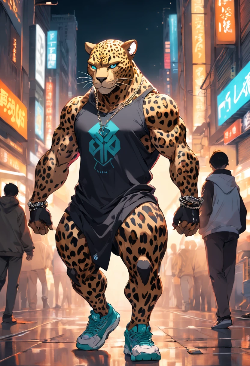 ((foto crua)), ((obra-prima)), Anthropomorphic humanoid leopard wearing streetwear clothes, andando furiosamente entre as pessoas, detalhe intrincado, intricate Greebles pieces, city behind, corpo musculoso, (large muscles), muscular arms, (small head), Ogro monstruoso, Titan soft lighting, Hiper realista, soft-lighting, ambiente sinistro