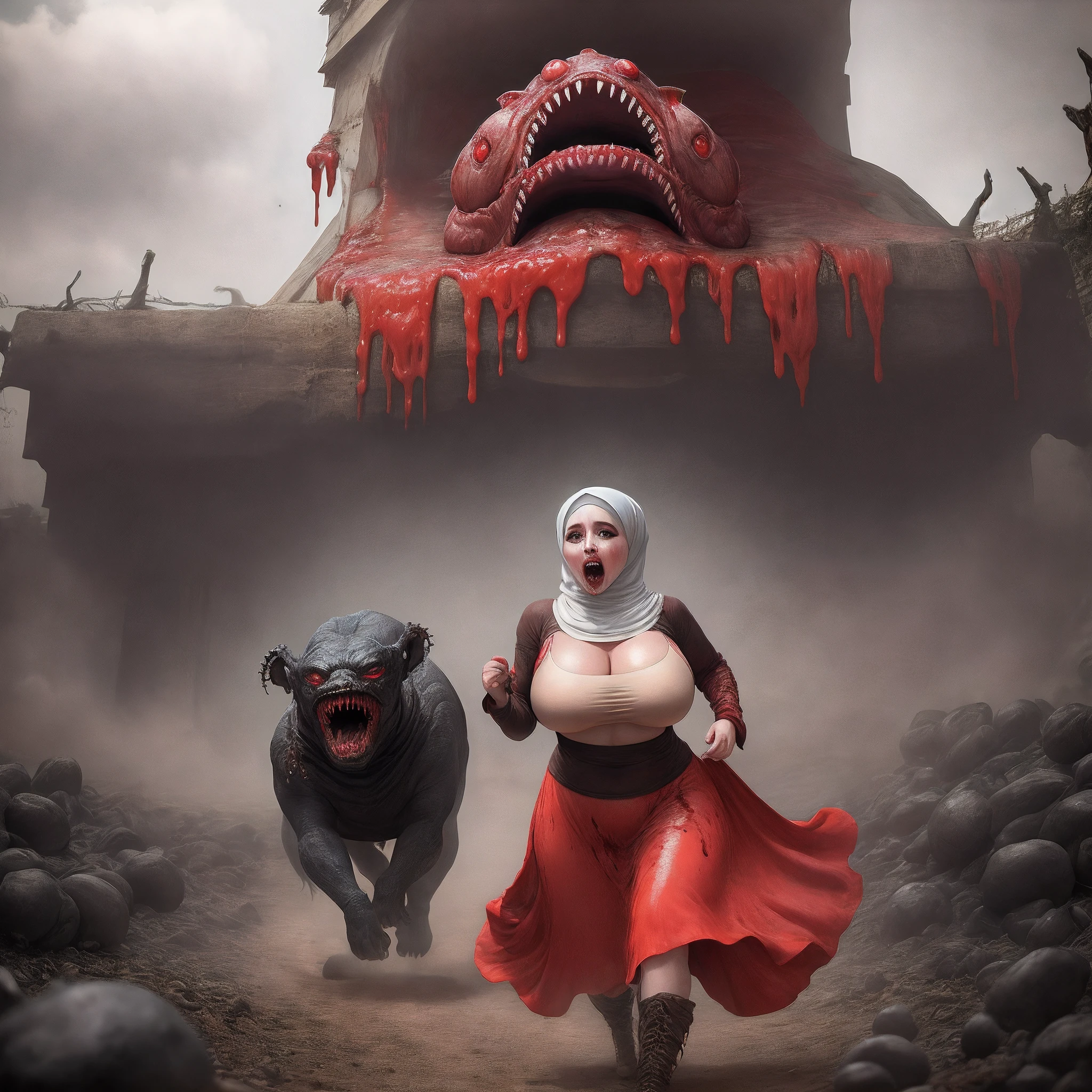 Bloody and horror monster chasing big
Breasts hijabi grill