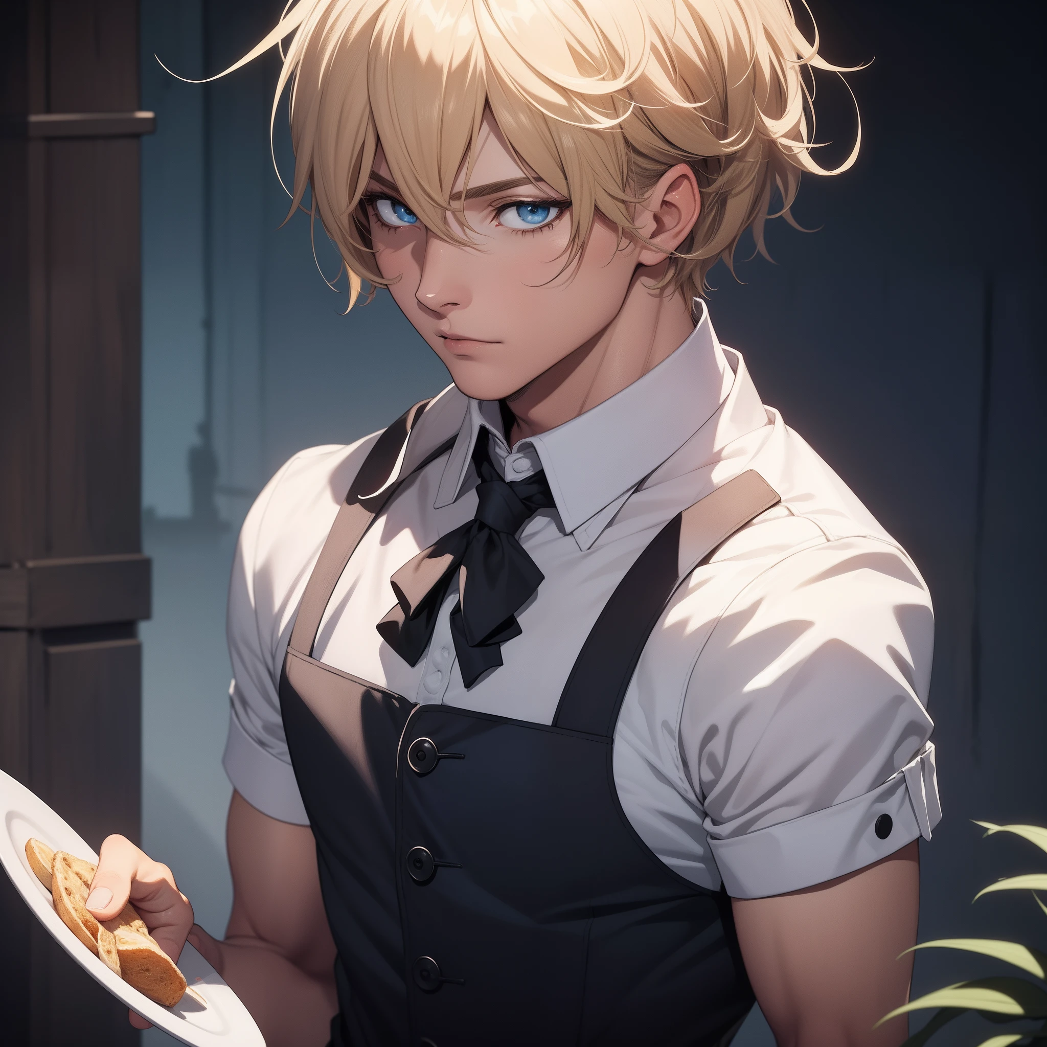 portrait, digital art, 4k, anime, one 26 year old male, muscular upper body, dark blue eyes, short medium blonde hair, cold, melancholy, dark background, half body up, waiter outfit, slightly tanned
